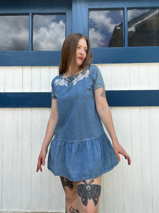 Vintage 1980s Babydoll Denim Dress with Lace