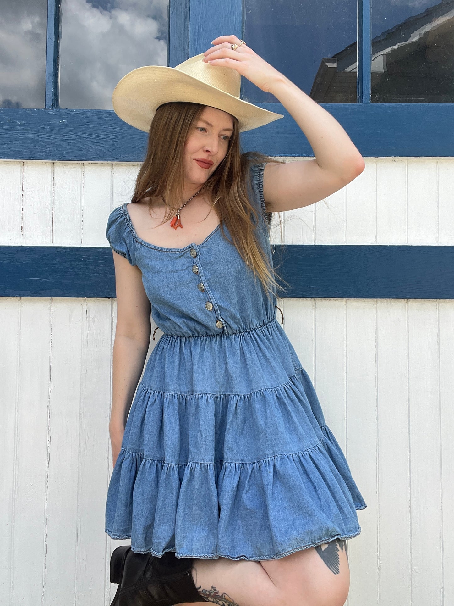 1980s Denim Off The Shoulder Ruffle Dress