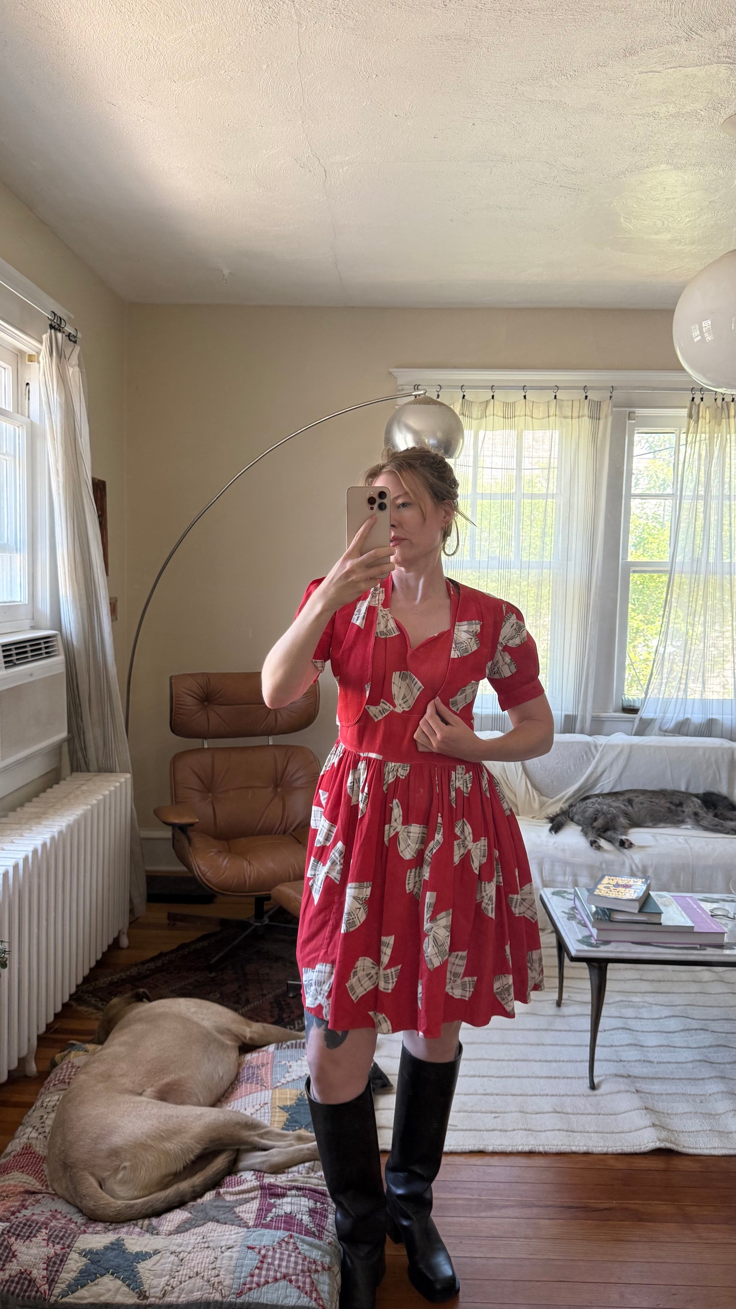 1940s Cotton Halter Dress with Bow Print XS