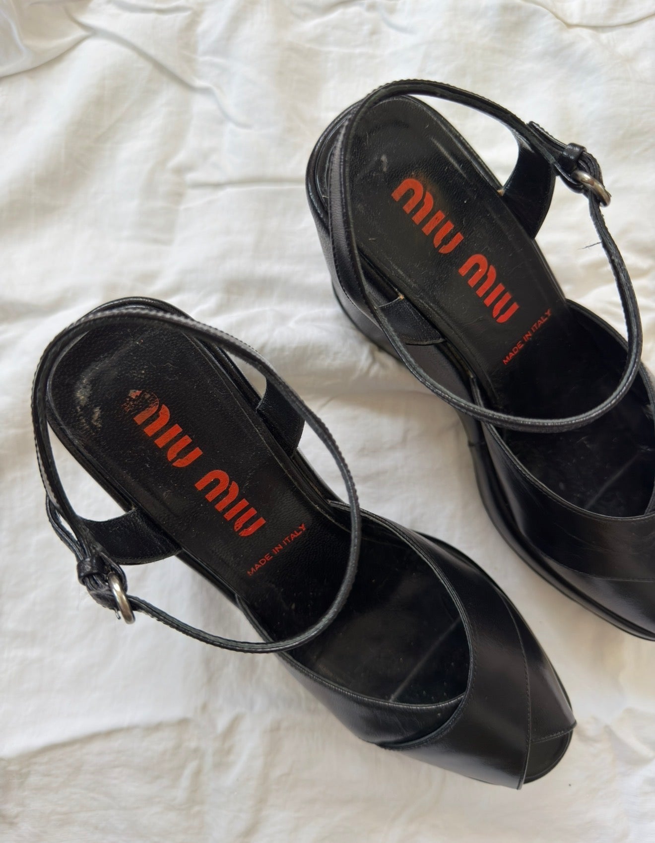 Vintage 1990s Miu Miu Black Leather Peep Toe Wedges 39