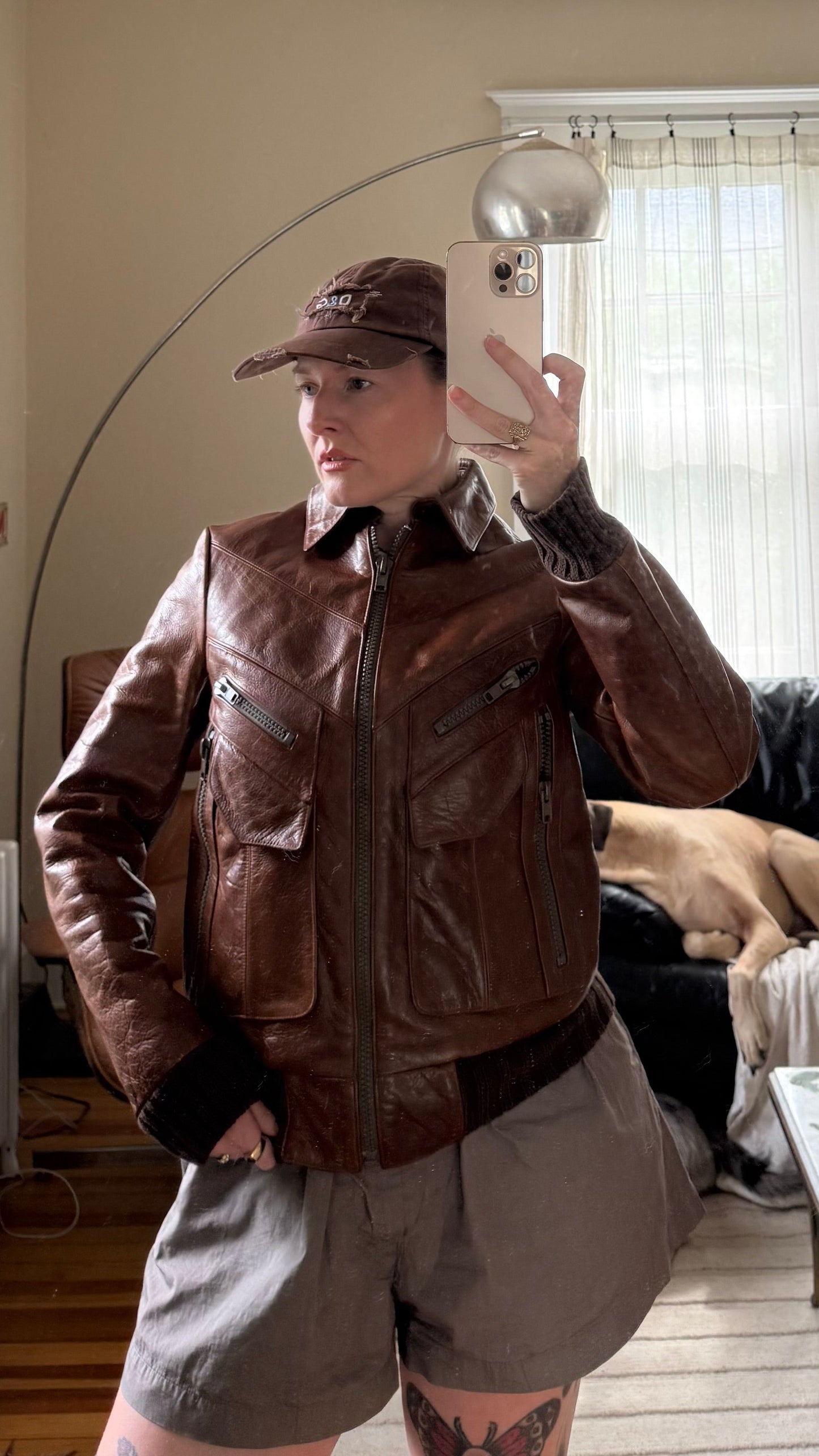 1990s Welkin Brown Leather Jacket with Multiple Pockets M