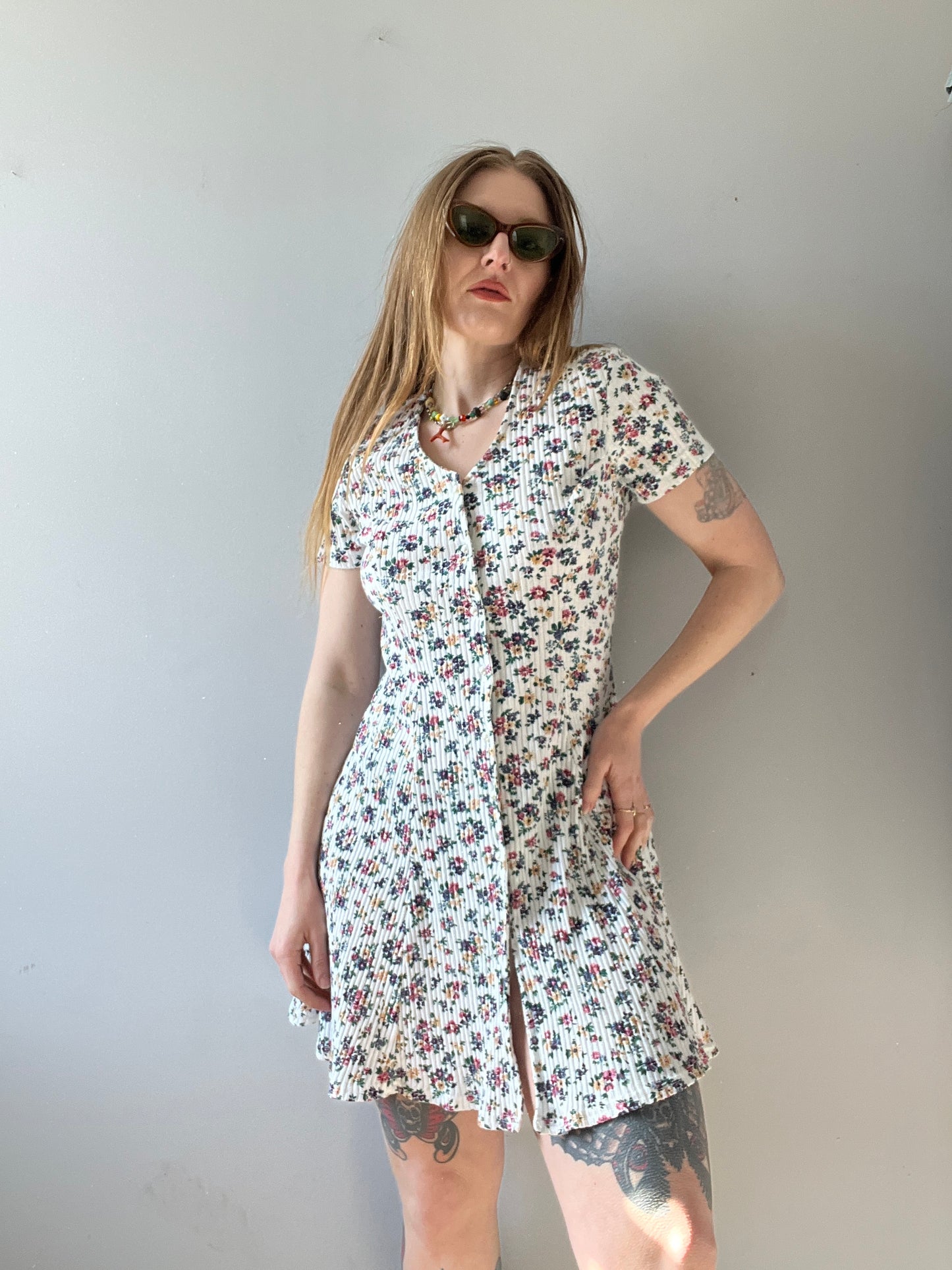 1990s Cotton Ribbed Floral Mini Dress M