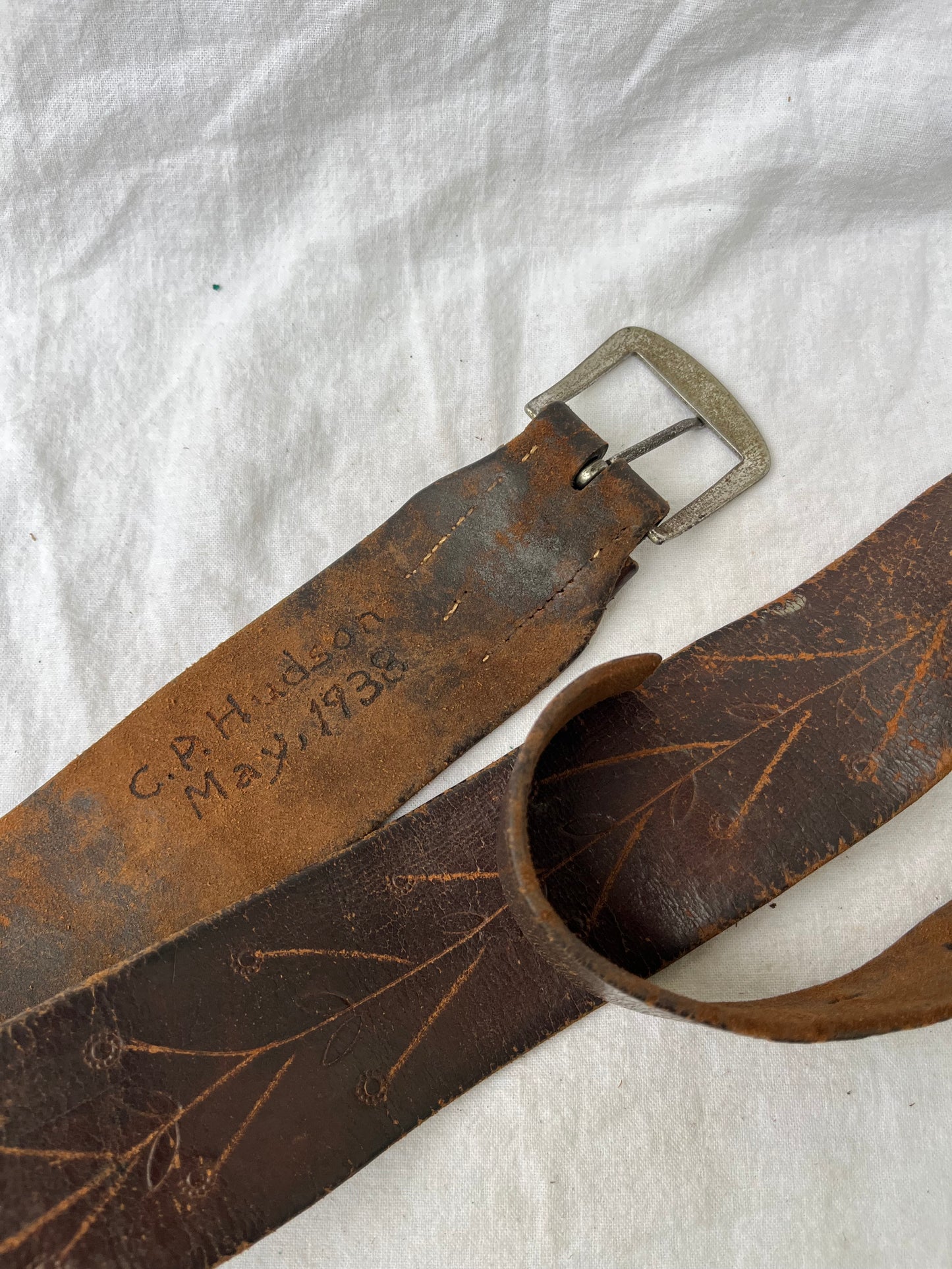 1938 Brown Leather Belt 32”-39”