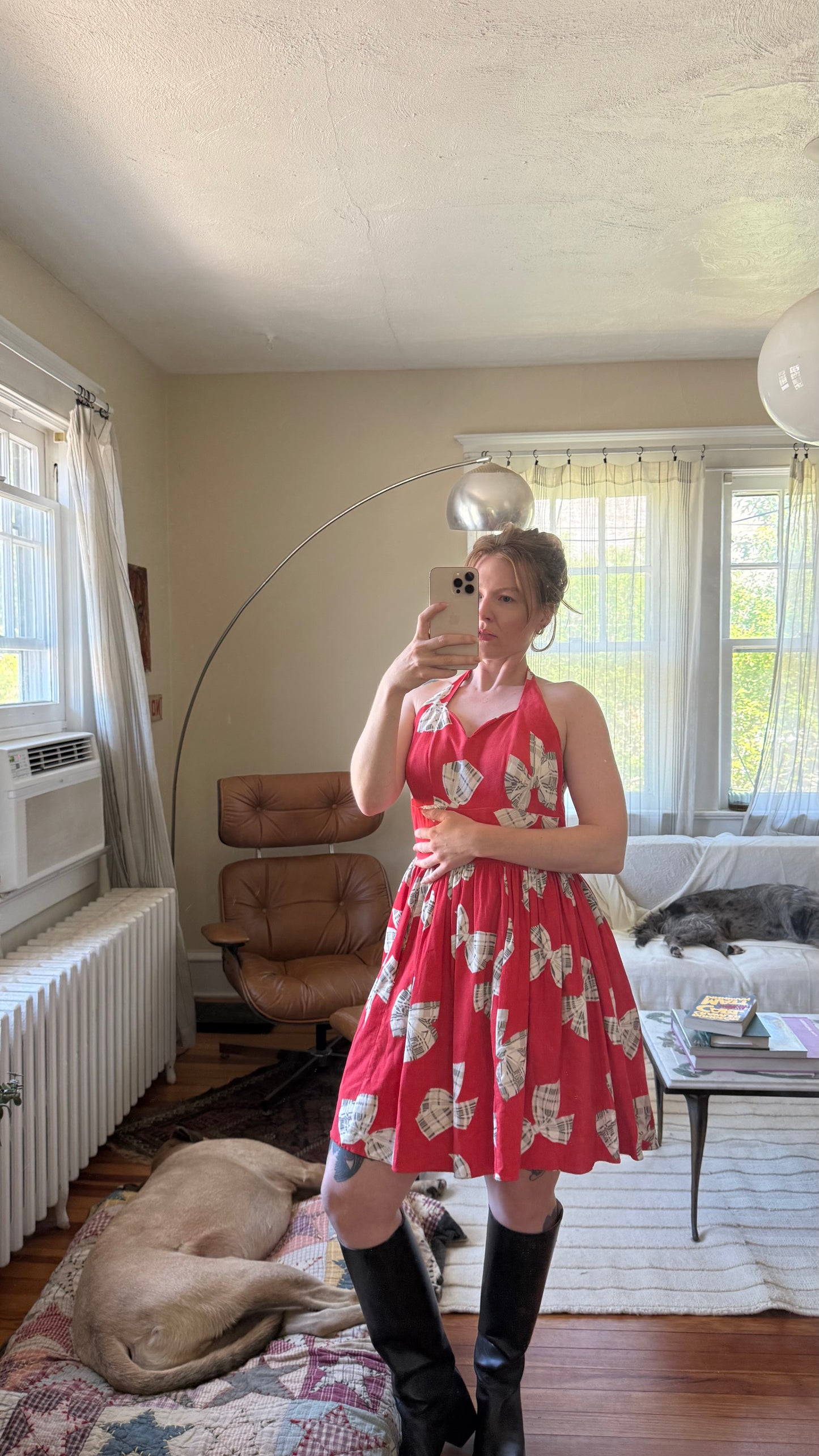 1940s Cotton Halter Dress with Bow Print XS