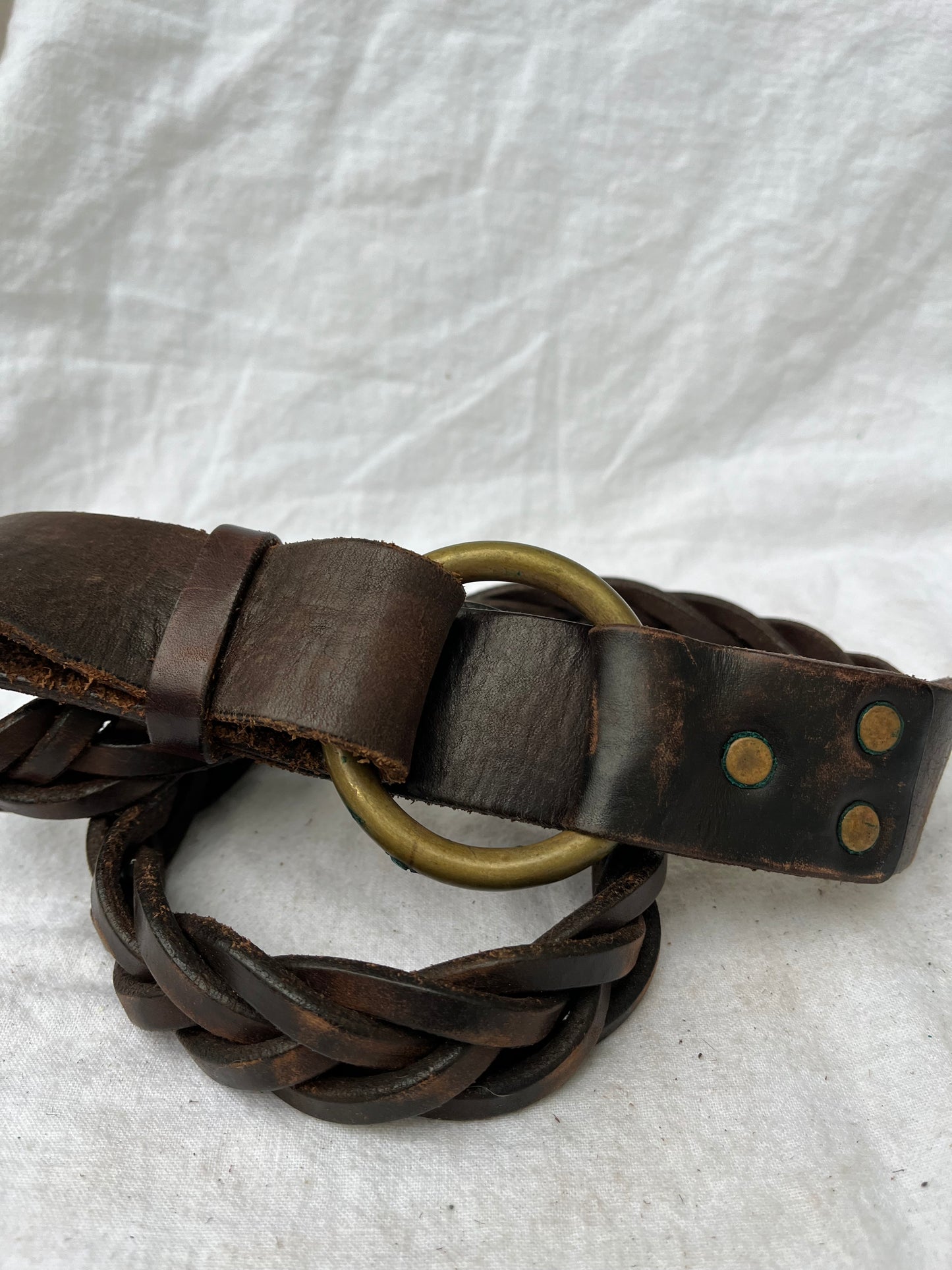 Double RL Ralph Lauren Brown Leather Braided Ring Belt 30”-40”