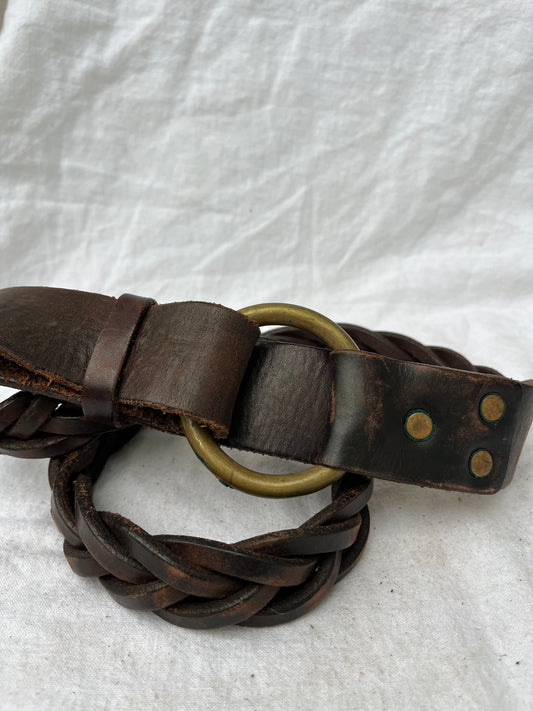 Double RL Ralph Lauren Brown Leather Braided Ring Belt 30”-40”