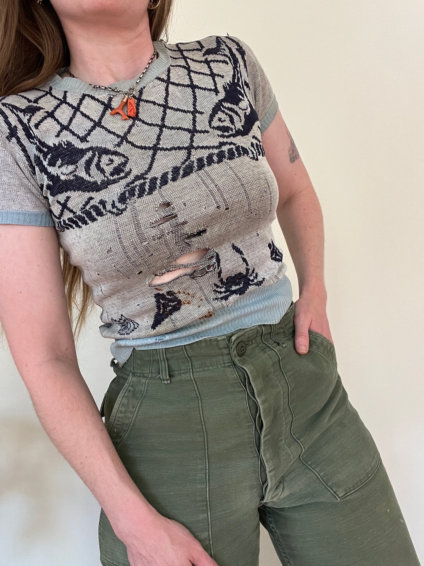 Vintage 1940s Novelty Fish Ocean Short Sleeve Knit Sweater S
