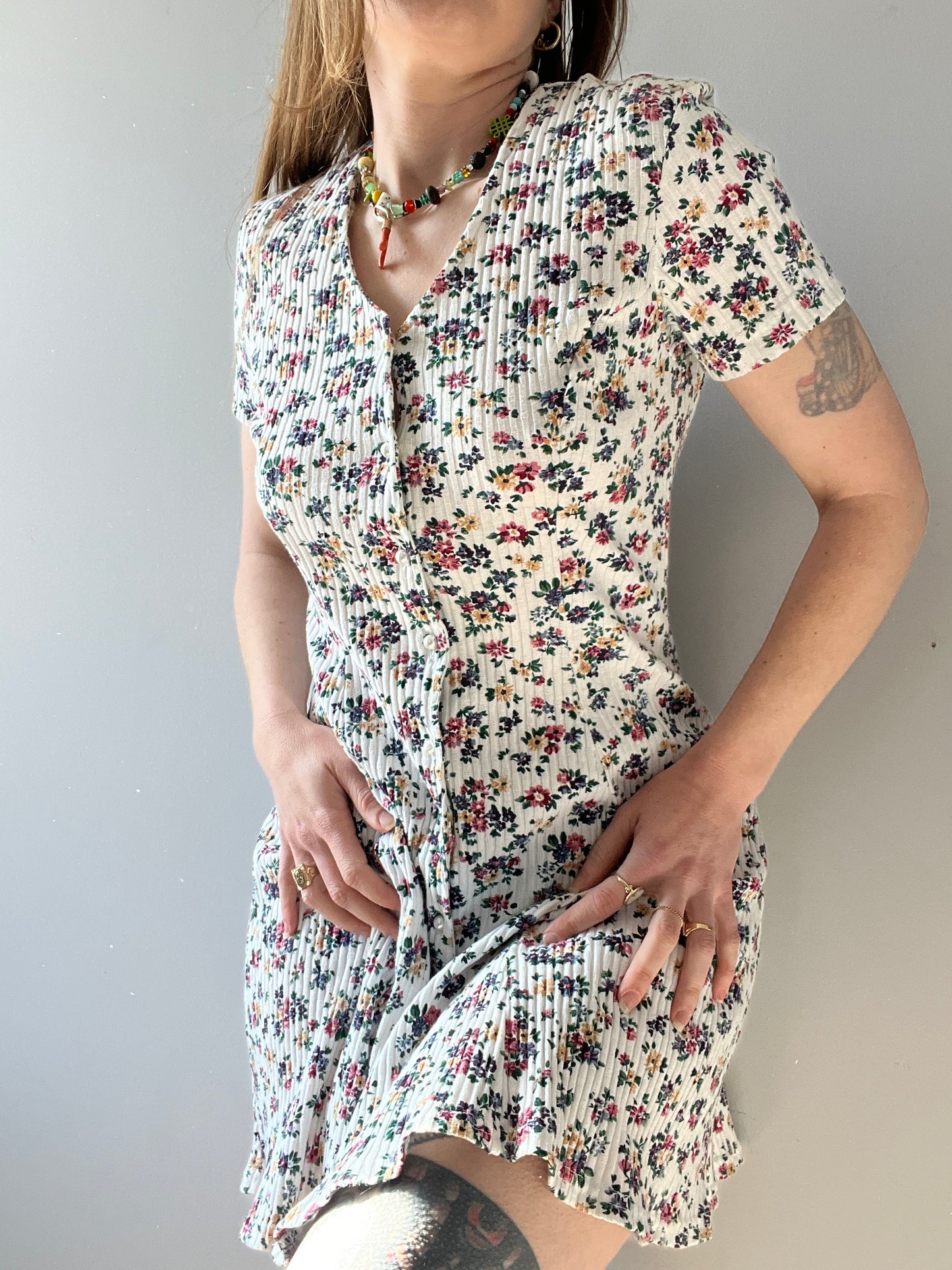 1990s Cotton Ribbed Floral Mini Dress M