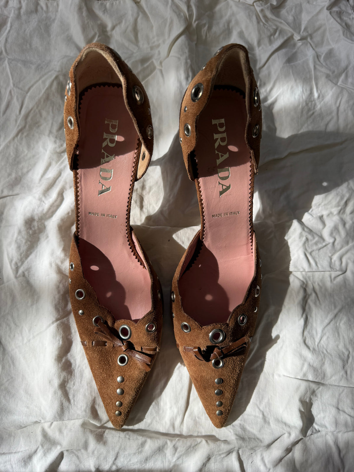 Vintage Prada Brown Suede Grommet Heels 37