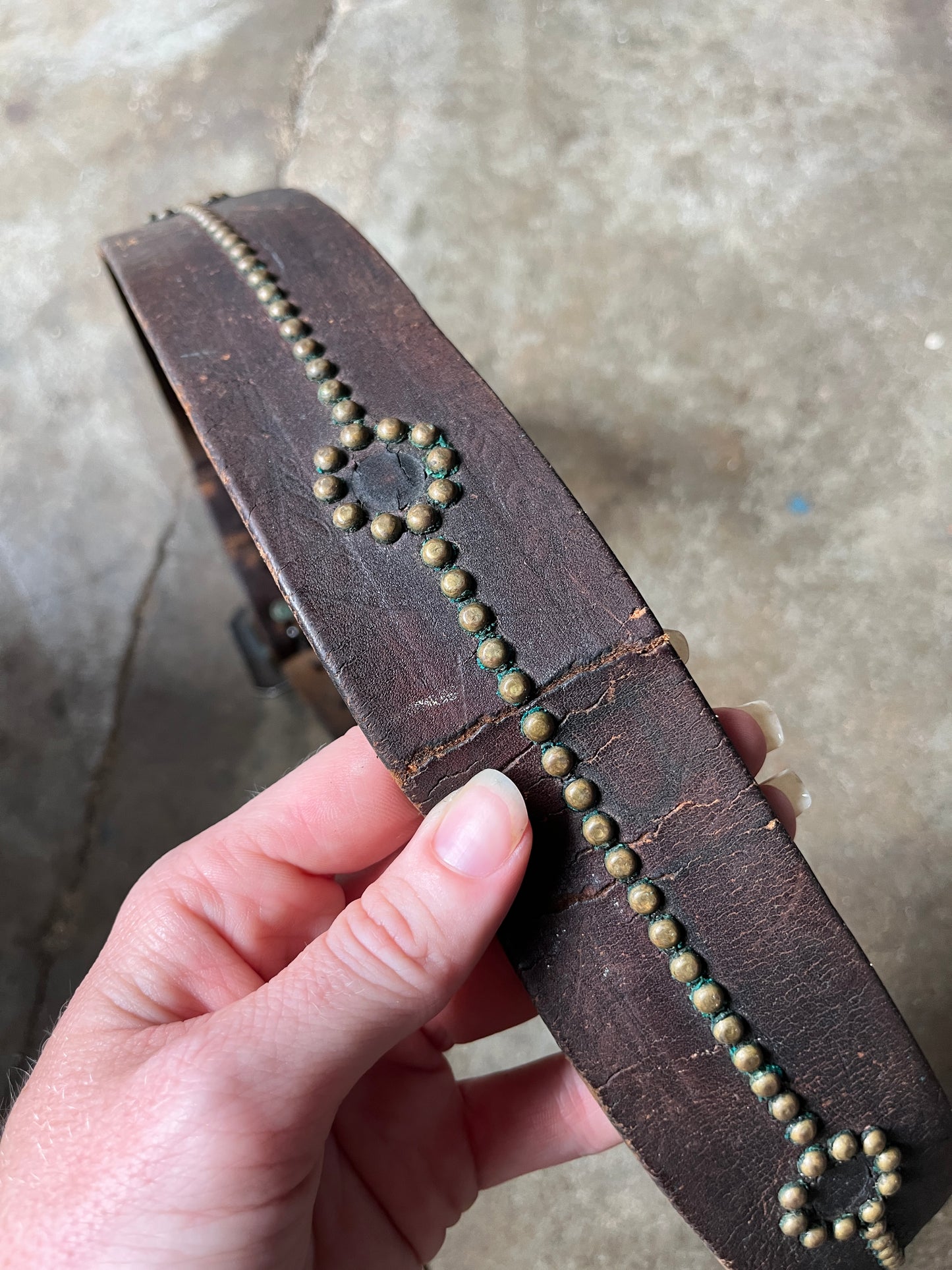 1930s 1940s Brown Leather Belt with Brass Round Studs