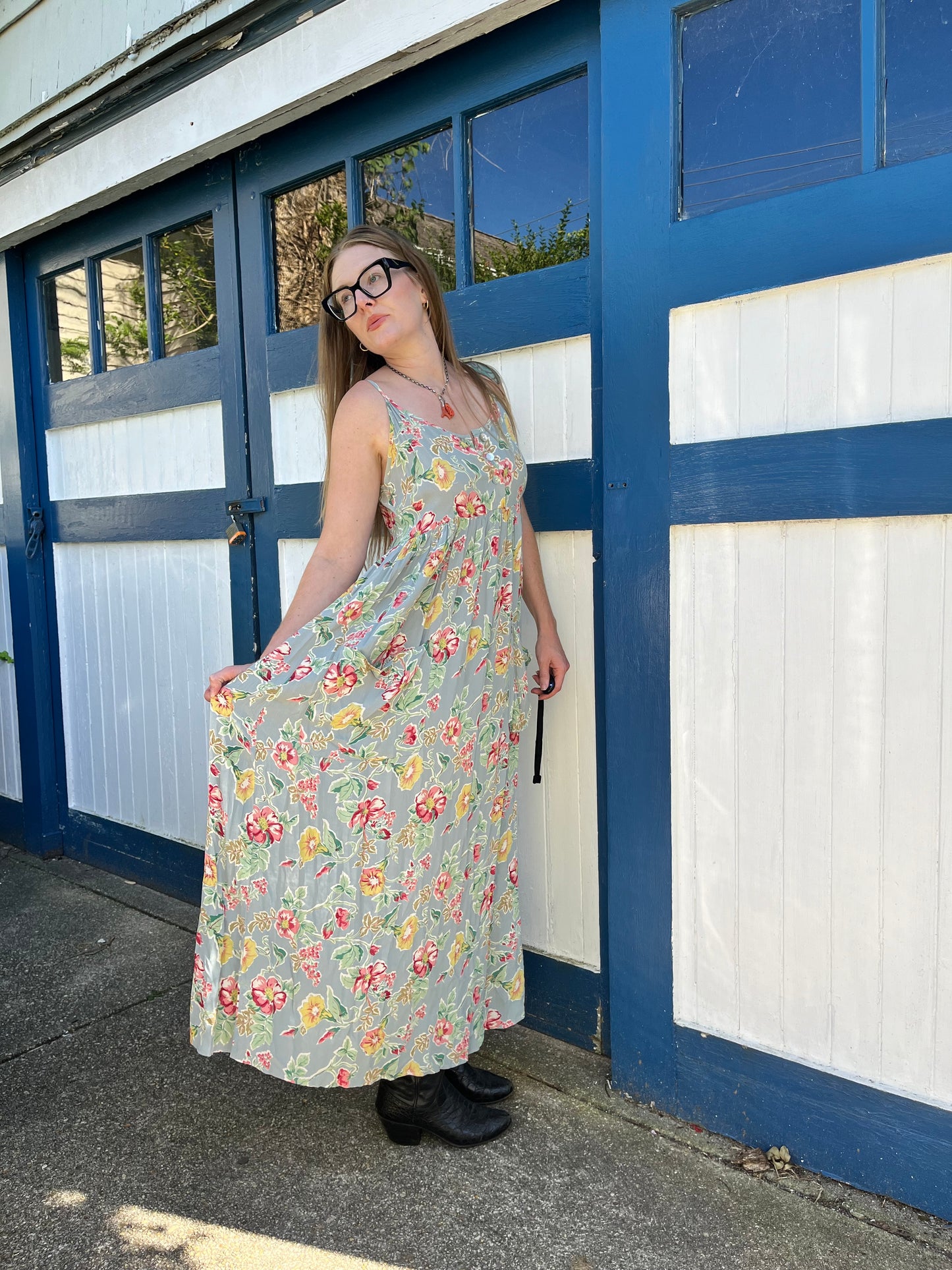 100% Rayon Blue Floral Maxi Dress