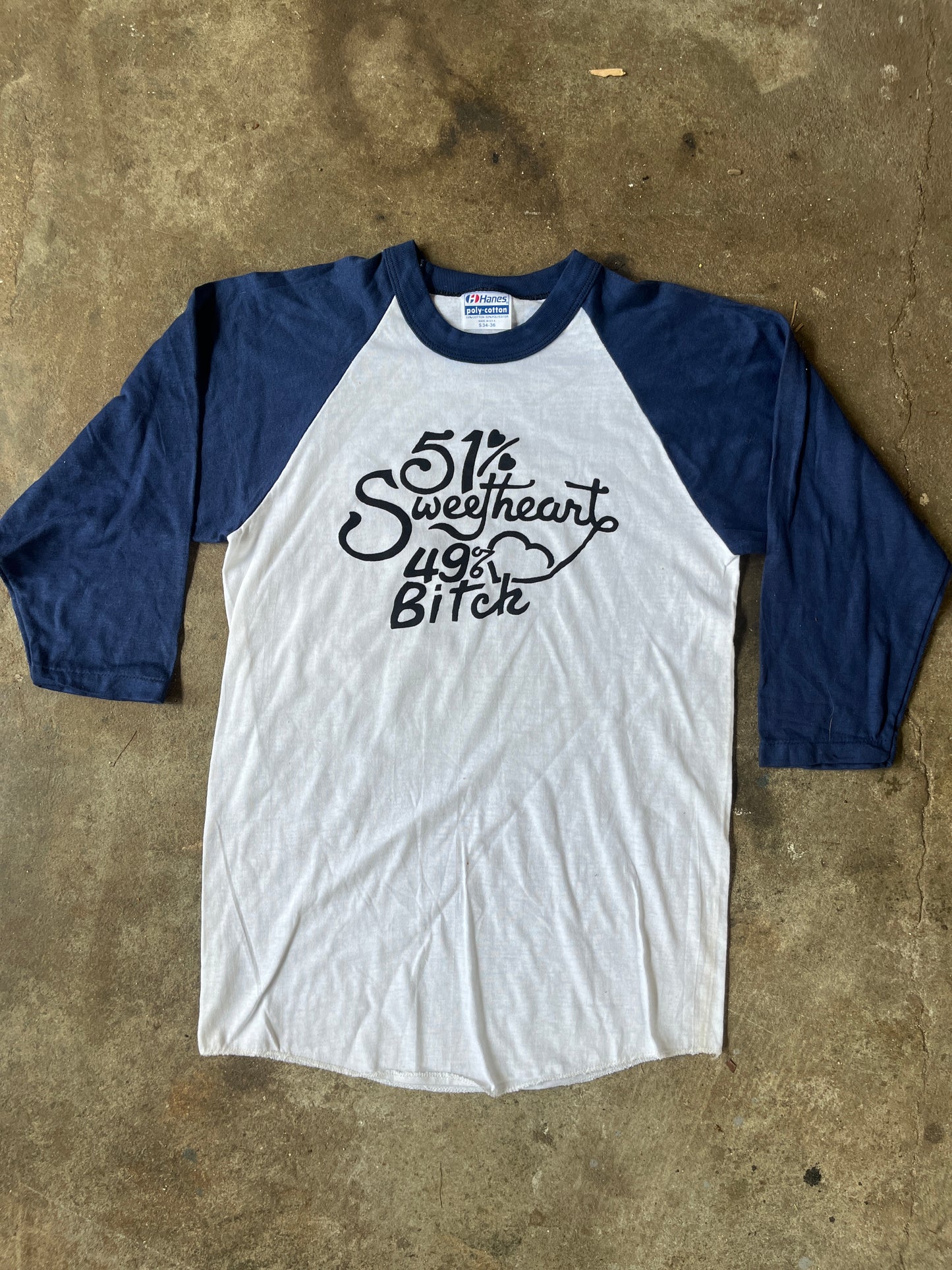 51% Sweetheart 49% Bitch Blue Raglan Tee S/M