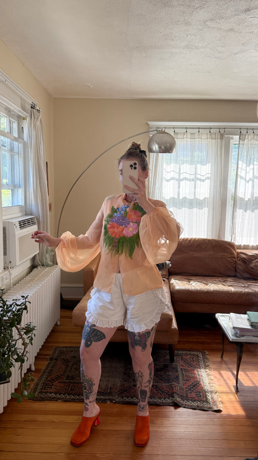Silk Chiffon Hand Painted Blouse with Balloon Sleeves