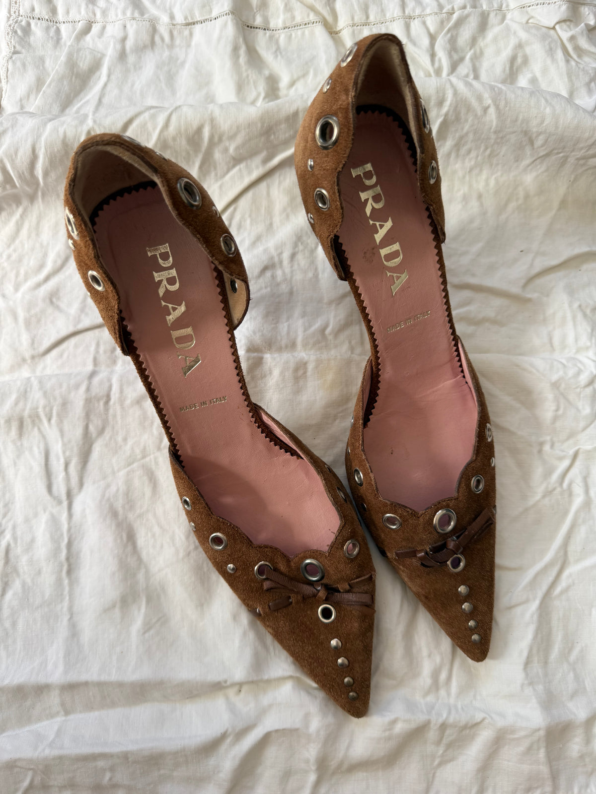 Vintage Prada Brown Suede Grommet Heels 37