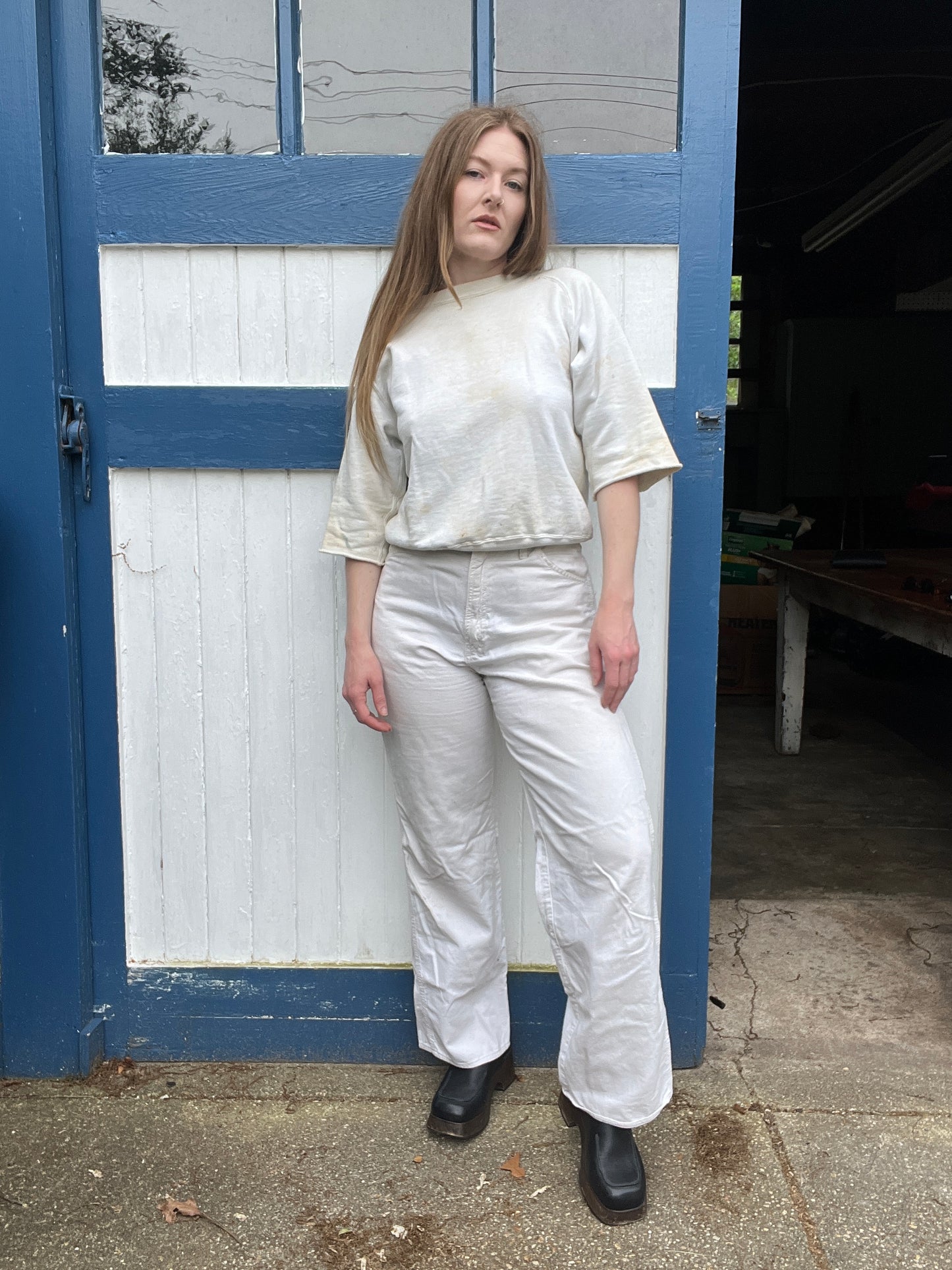 1940s White Thrashed Crew Neck