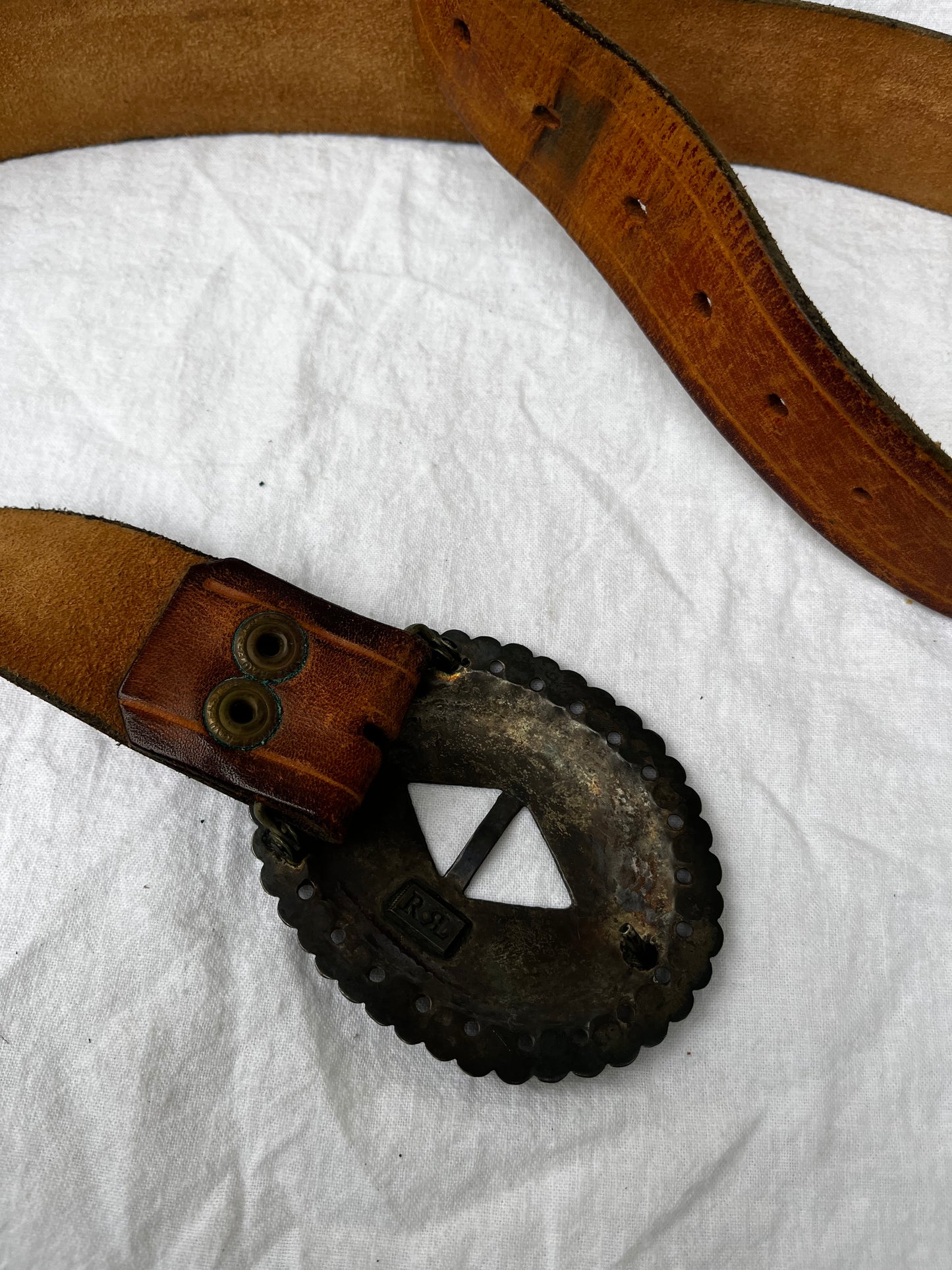 Brown Leather Belt with Double RRL Concho Buckle 29”-36”