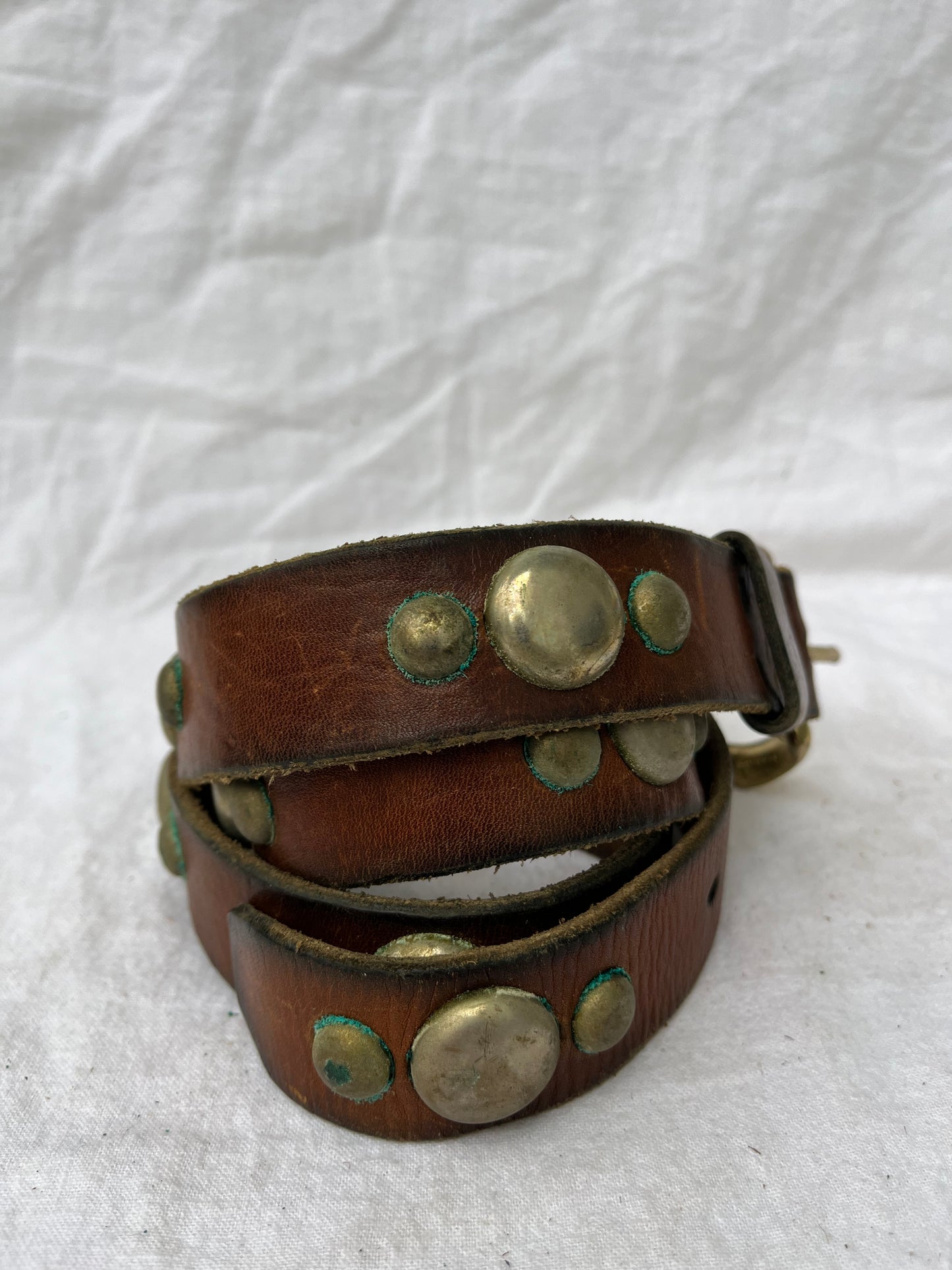 Brown Studded Leather Belt with Brass Buckle 35”-38.5”