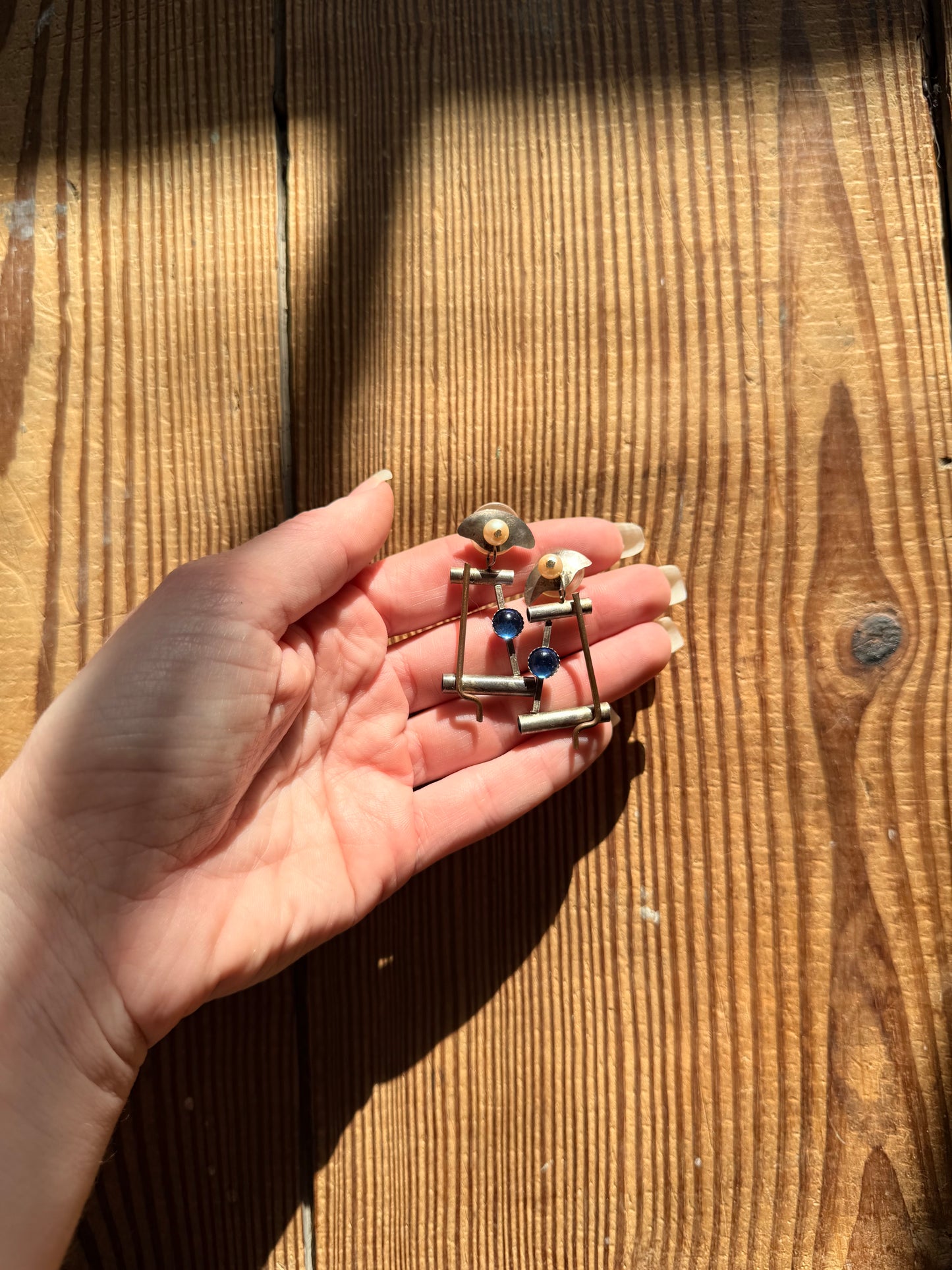 925 Silver Made by Hand Earrings with Pearl and Blue Stone