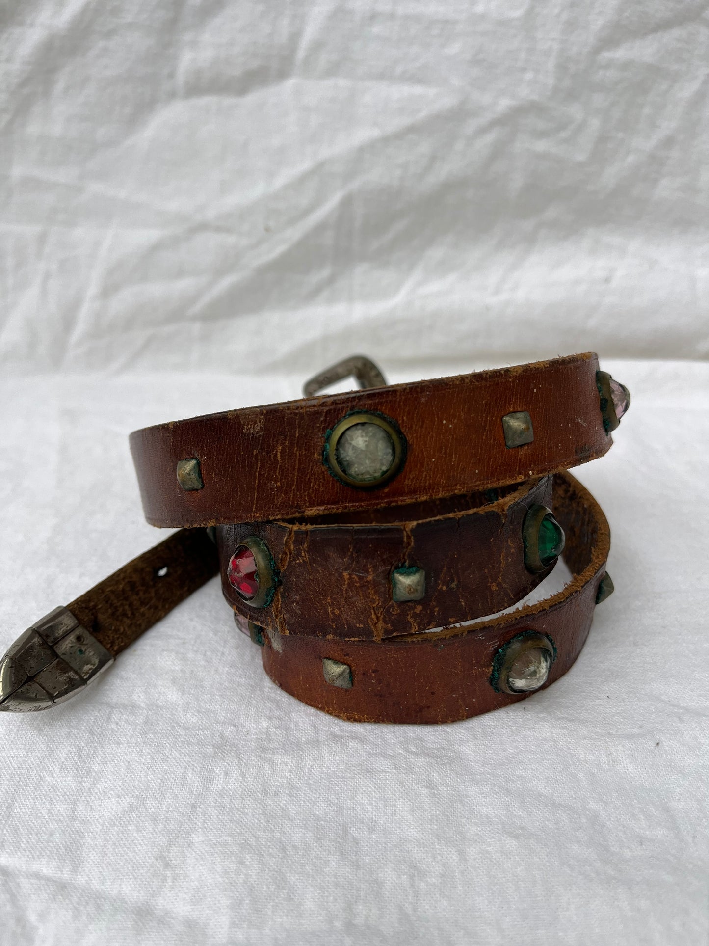 1950s Studded and Jeweled Thin Brown Leather Belt 37”-41” Plus Additional Belt