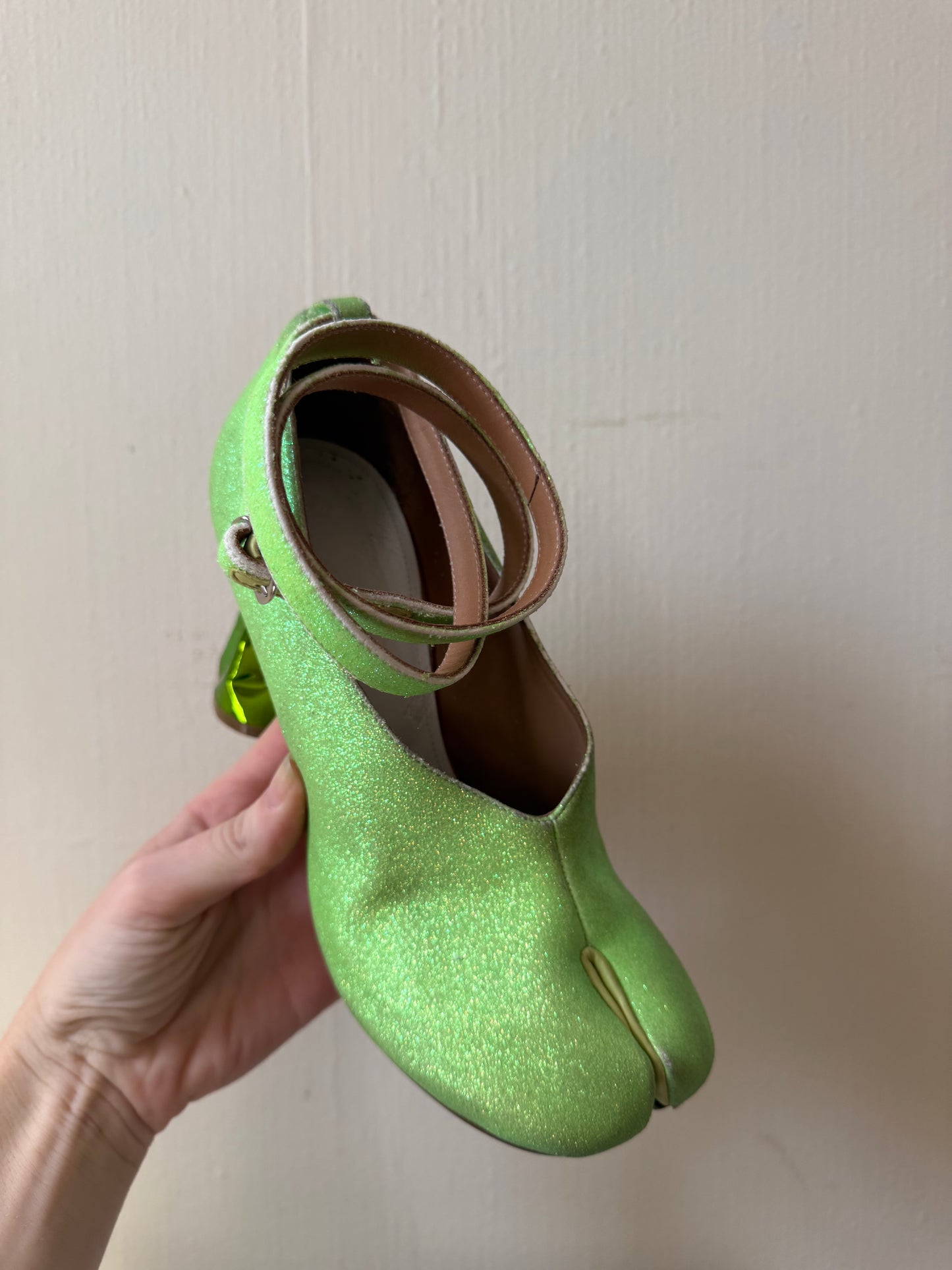 Maison Margiela Green Sparkly Dented Heel Lace Up Heels