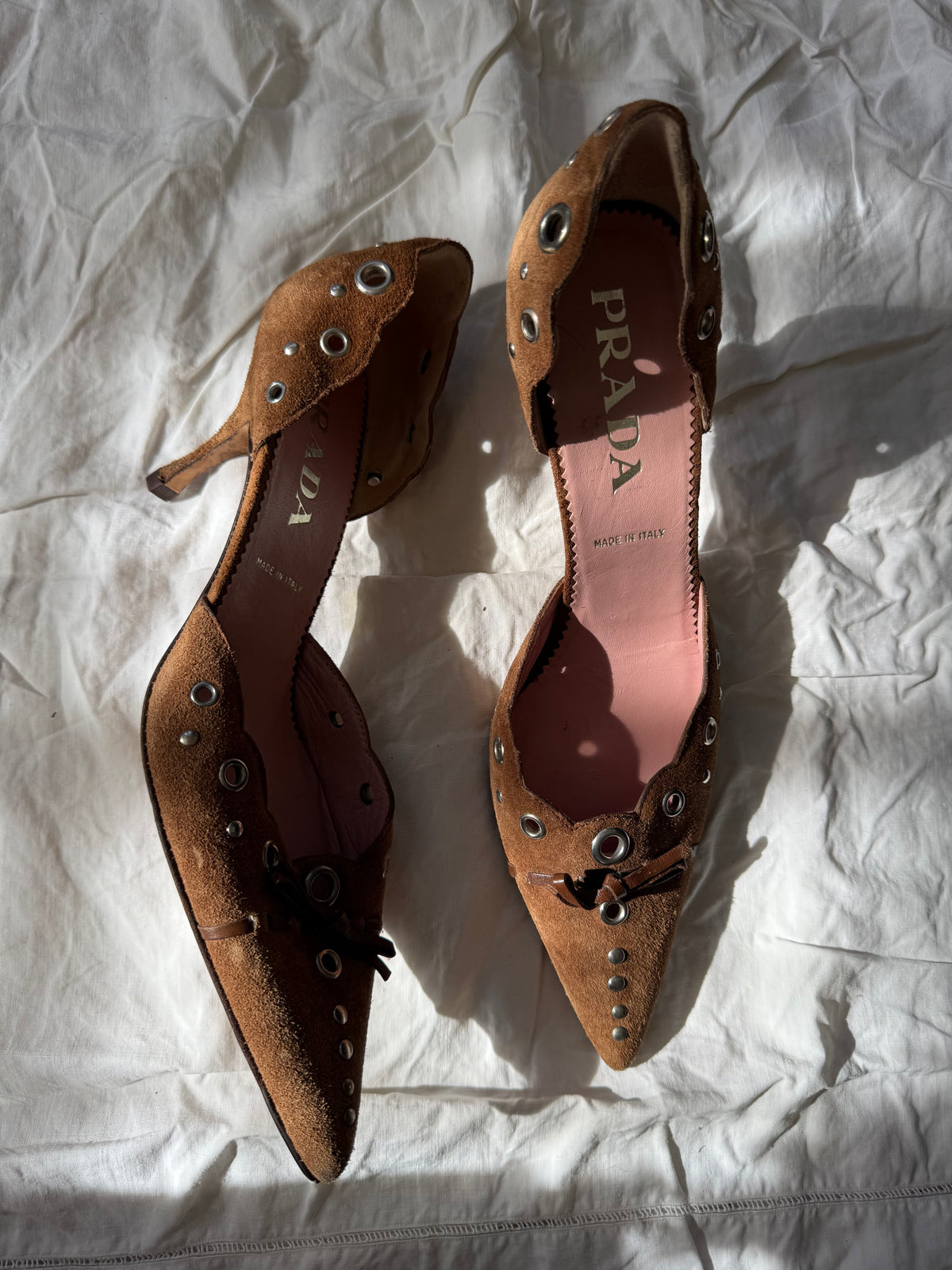 Vintage Prada Brown Suede Grommet Heels 37