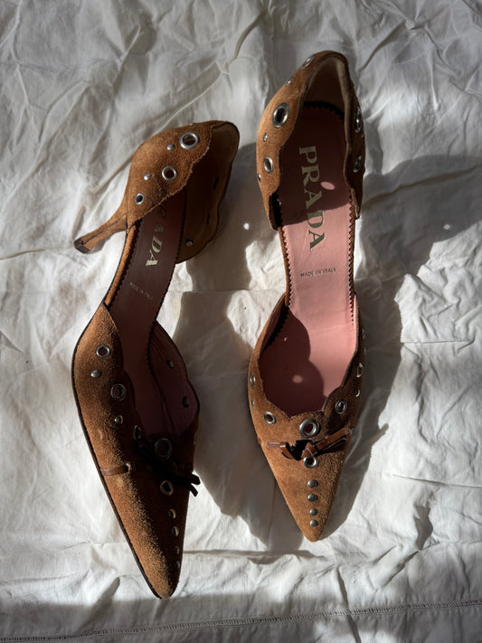 Vintage Prada Brown Suede Grommet Heels 37