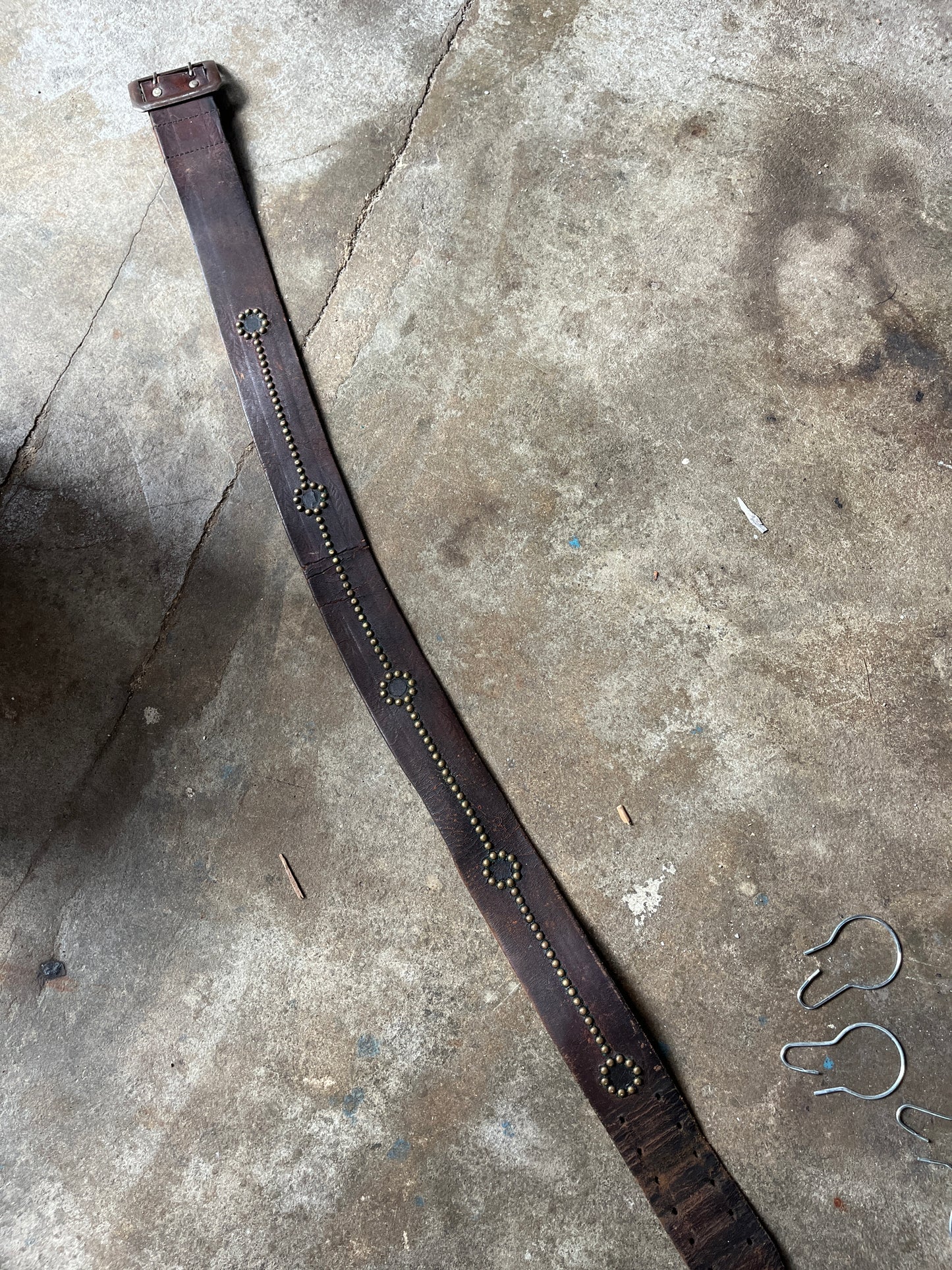 1930s 1940s Brown Leather Belt with Brass Round Studs