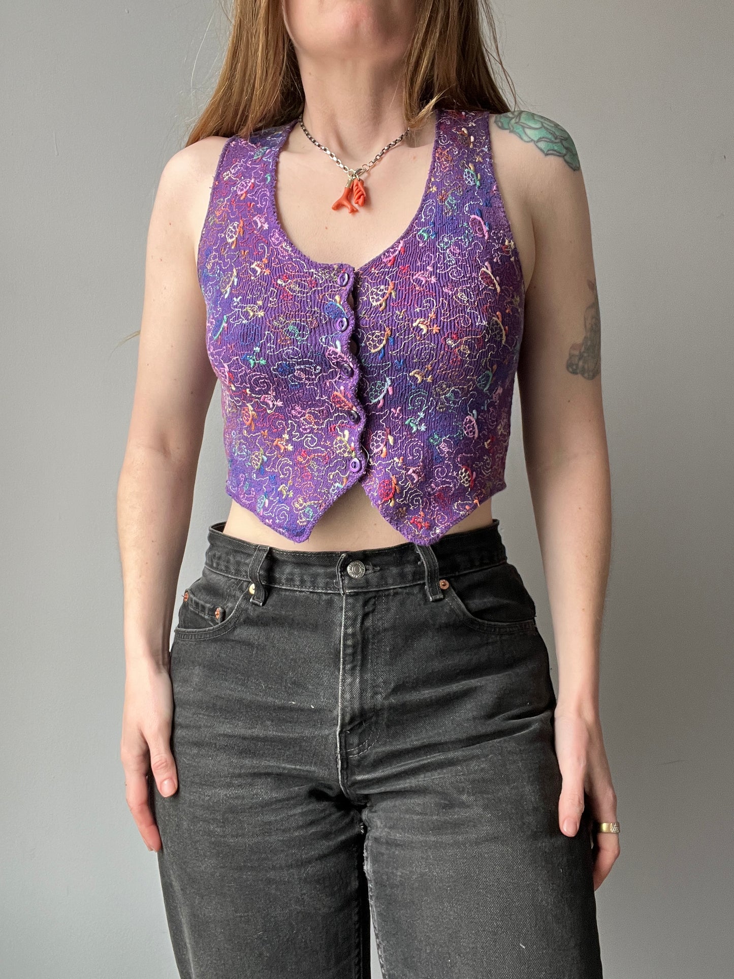 1970s Embroidered Purple Cropped Small Vest XS/S