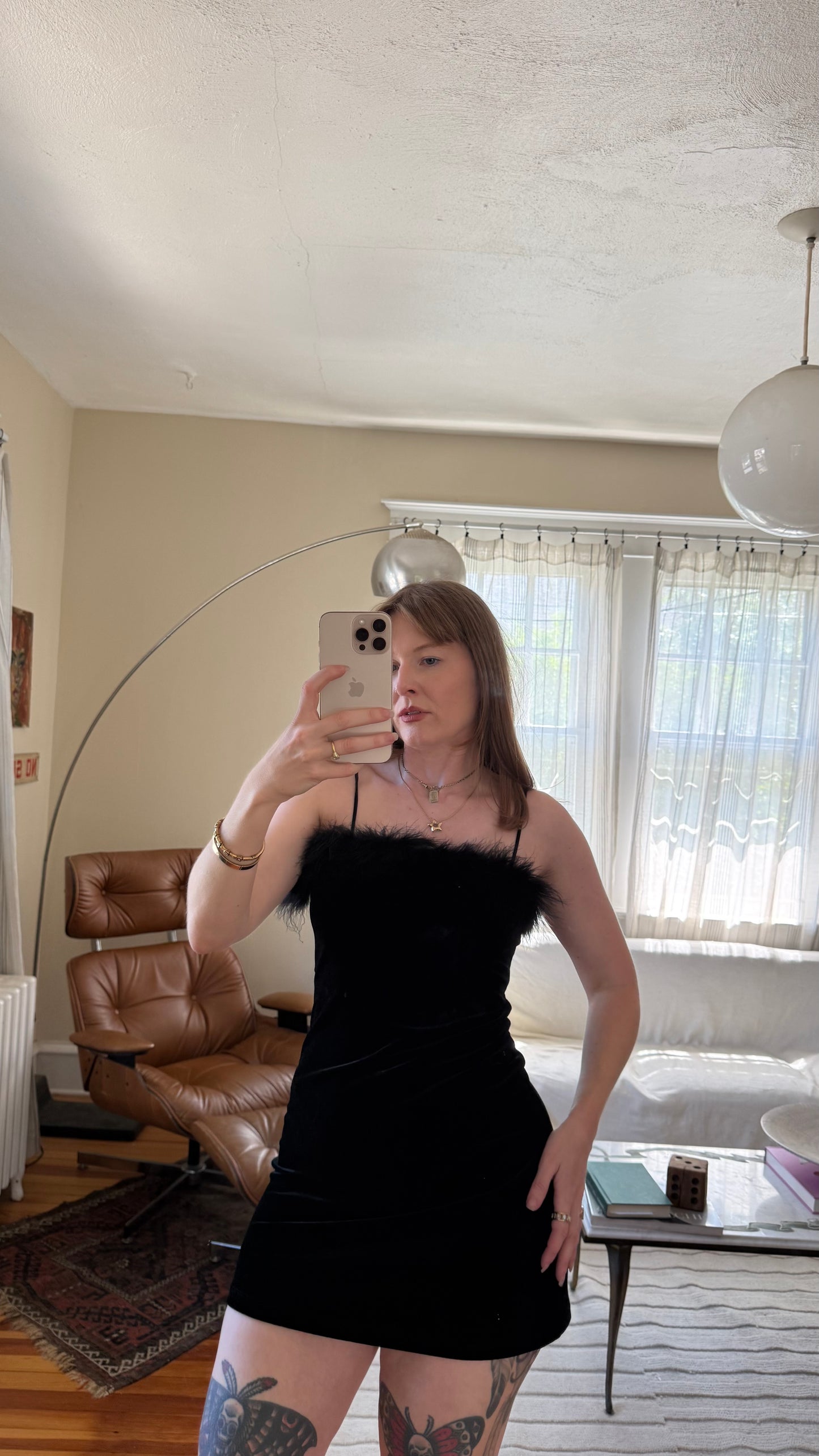 1990s Little Black Dress Velvet with Feather Boa S/M