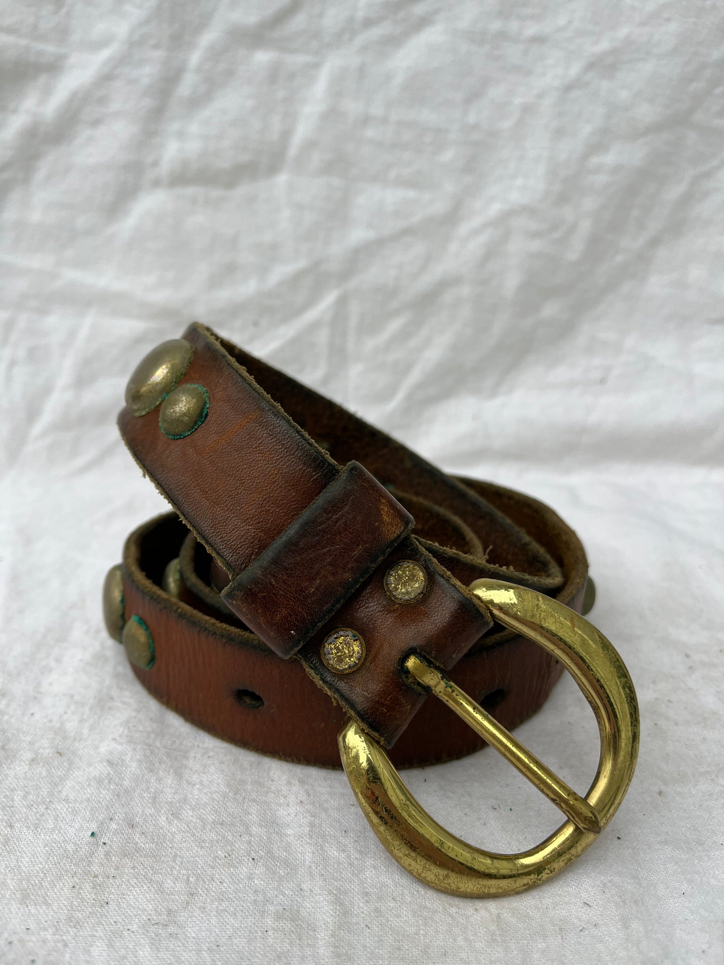 Brown Studded Leather Belt with Brass Buckle 35”-38.5”