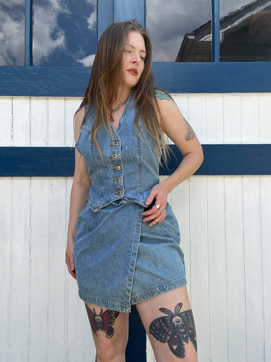 Vintage 1990s Denim Skirt and Vest Combined Set