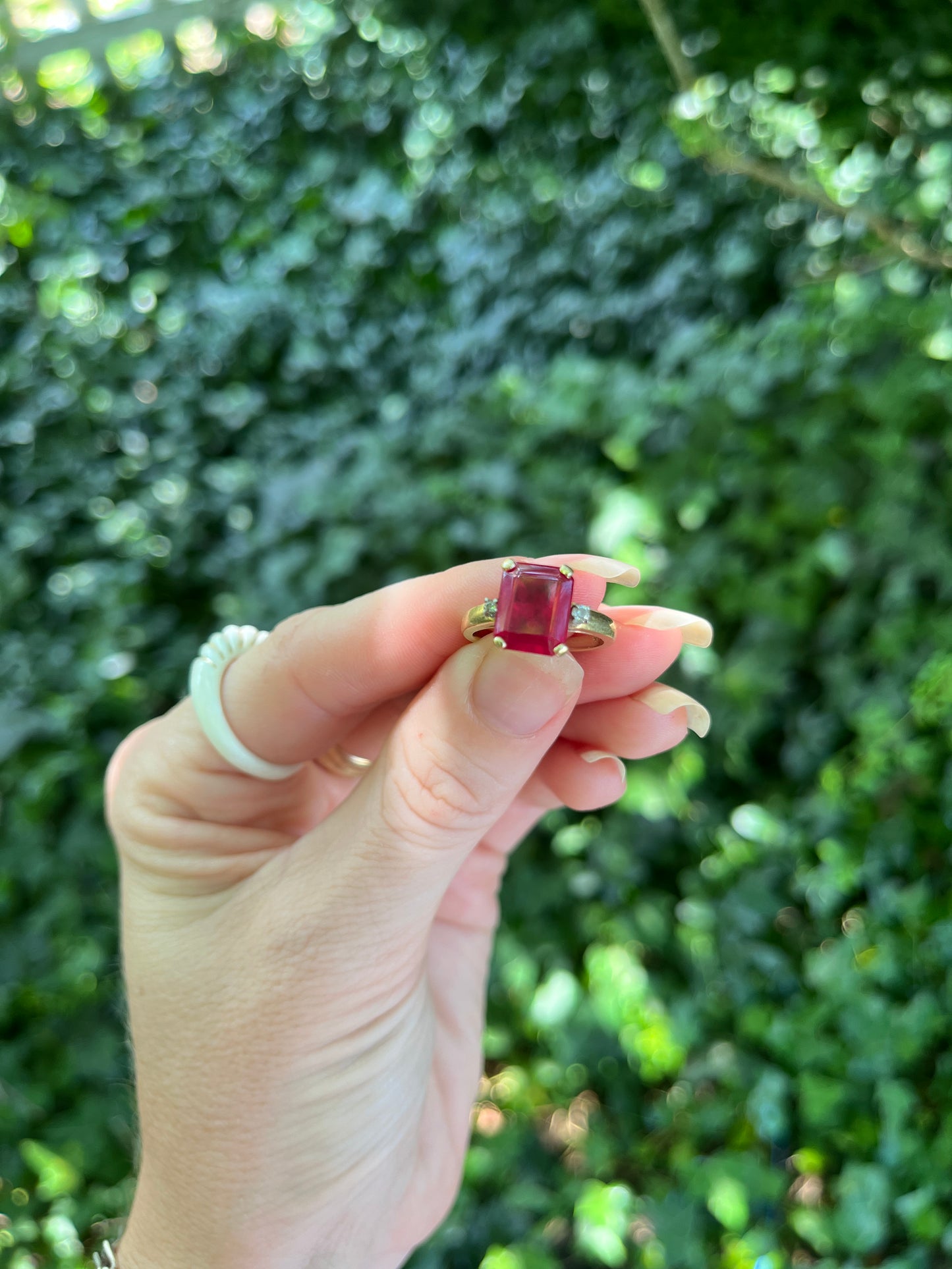 Vintage 14K Emerald Cut Ruby and Diamond Ring Size 6.5