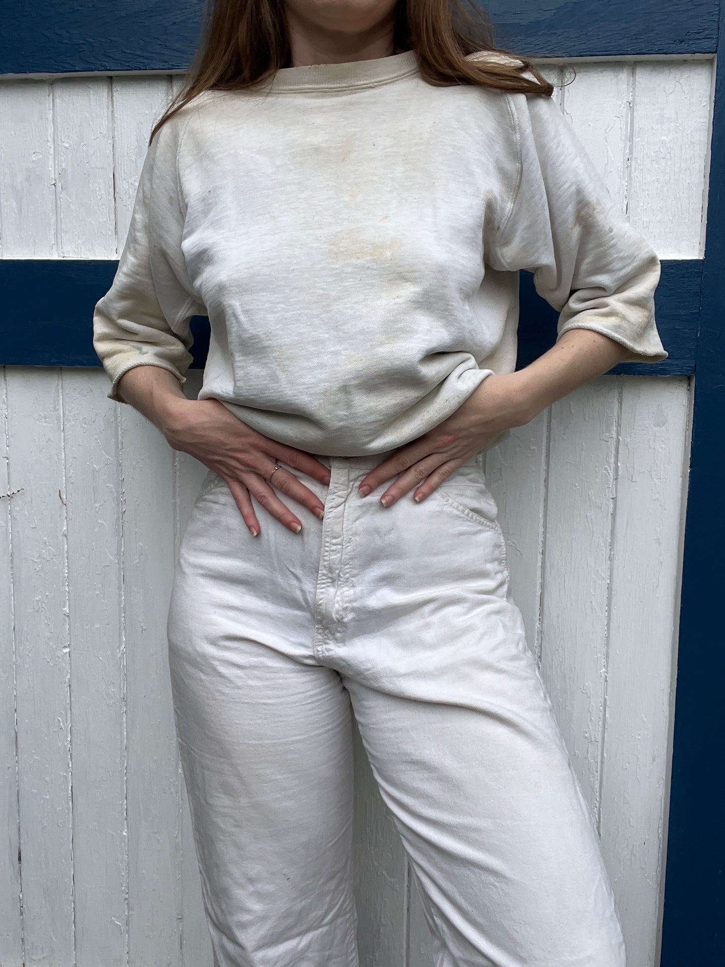 1940s White Thrashed Crew Neck