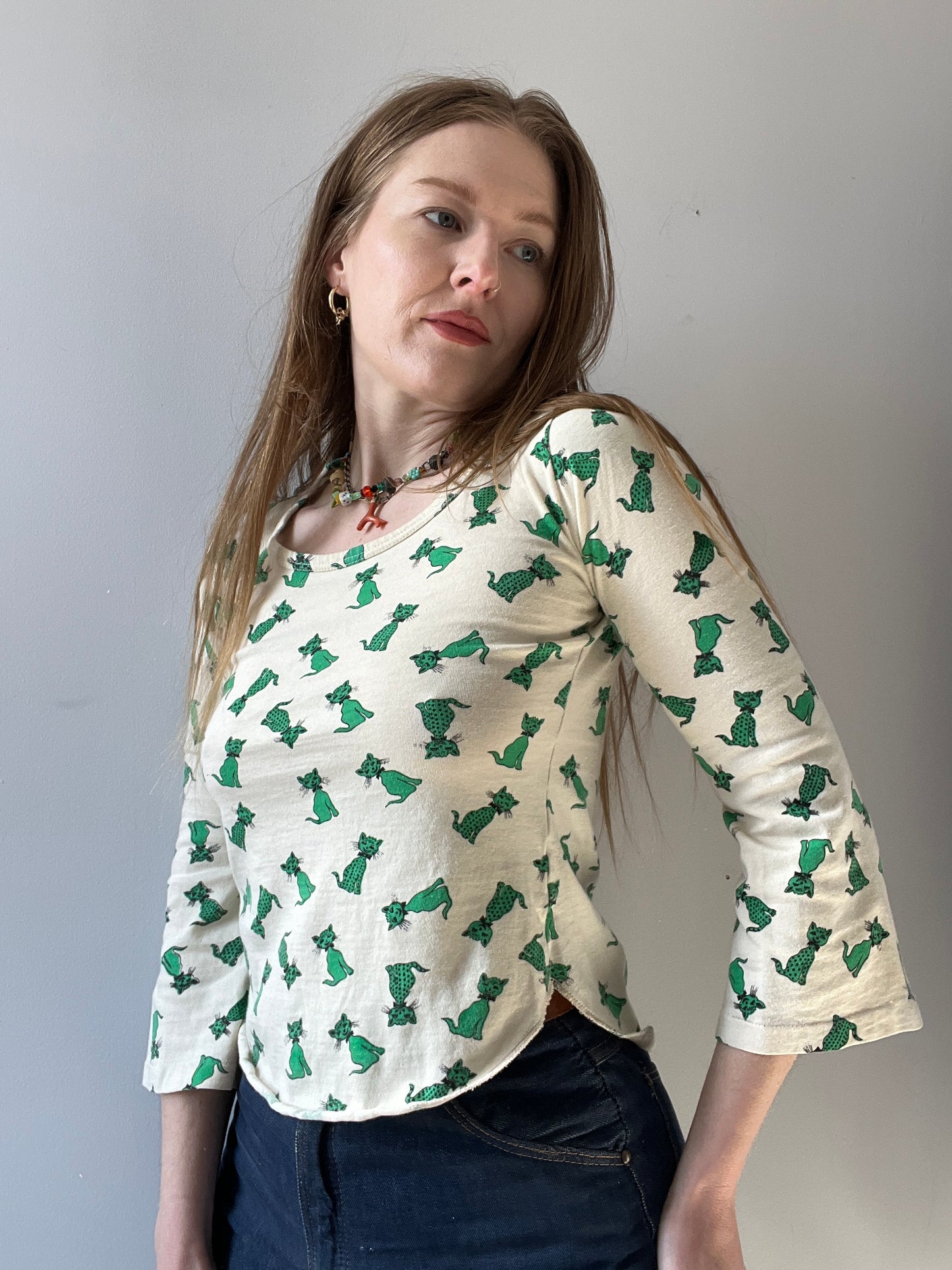 1970s All Over Kitty Cat Print Shirt S/M