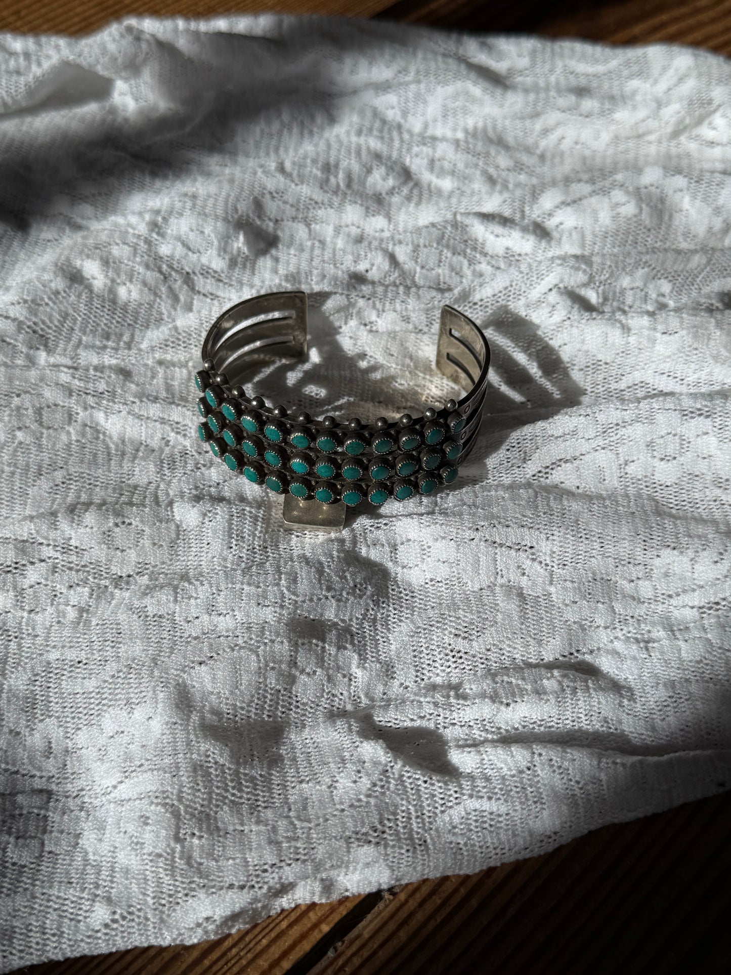 Antique Zuni 3 Row Snake Eye Turquoise 925 Silver Cuff