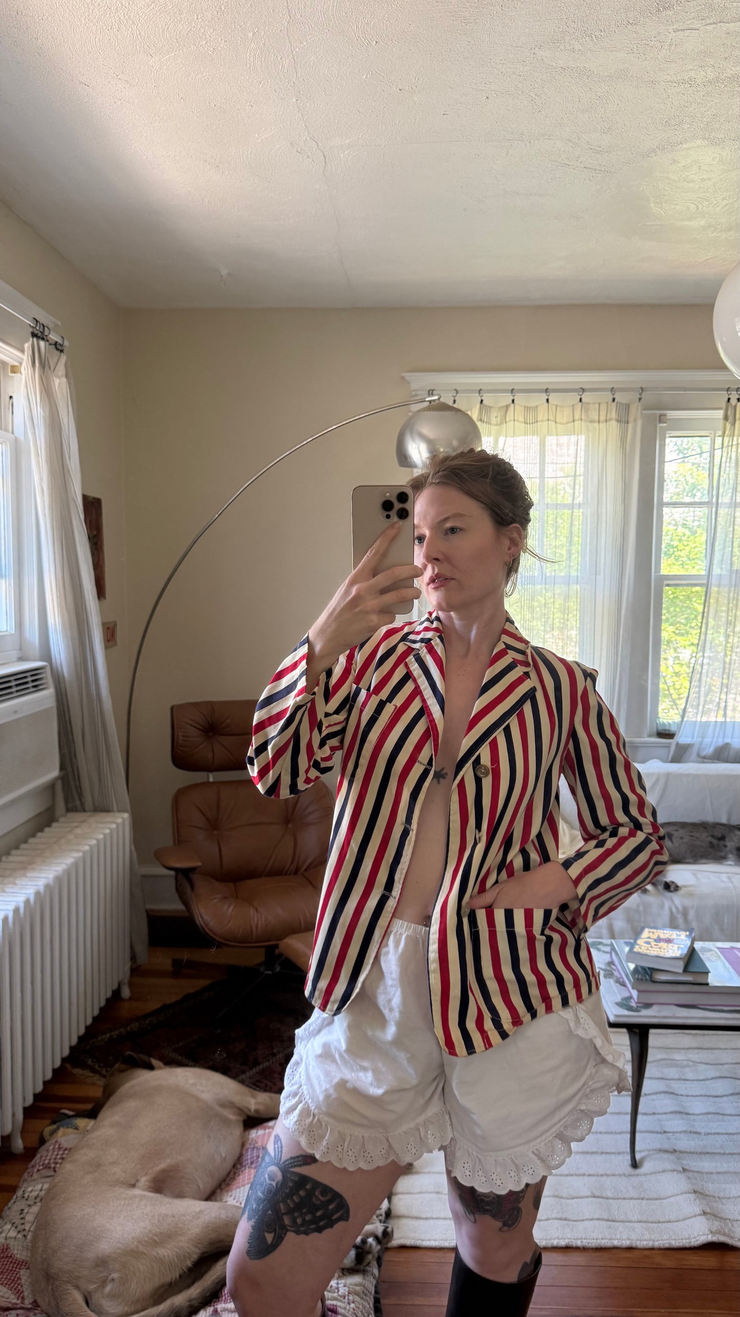 1930s or 1940s Red and Blue Striped Cotton Canvas Blazer S/M