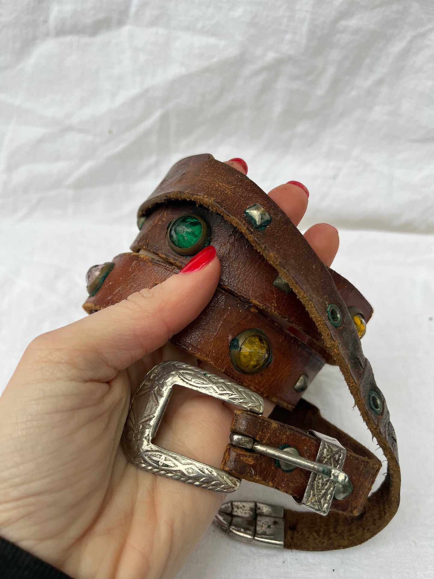 1950s Studded and Jeweled Thin Brown Leather Belt 37”-41” Plus Additional Belt