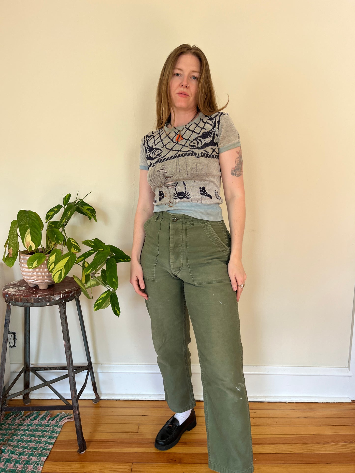 Vintage 1940s Novelty Fish Ocean Short Sleeve Knit Sweater S