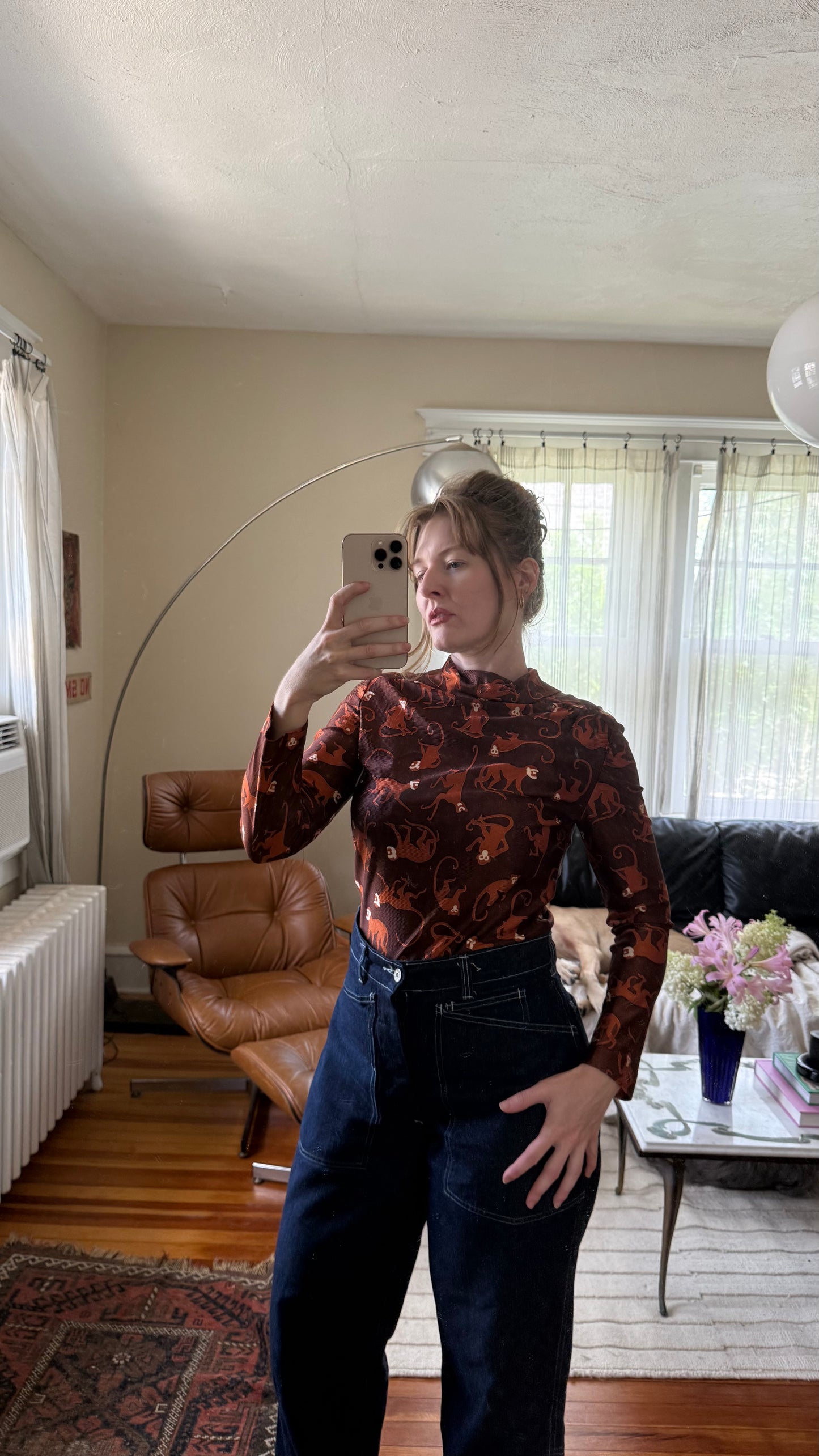 1970s All Over Monkey Print Long Sleeve Blouse M