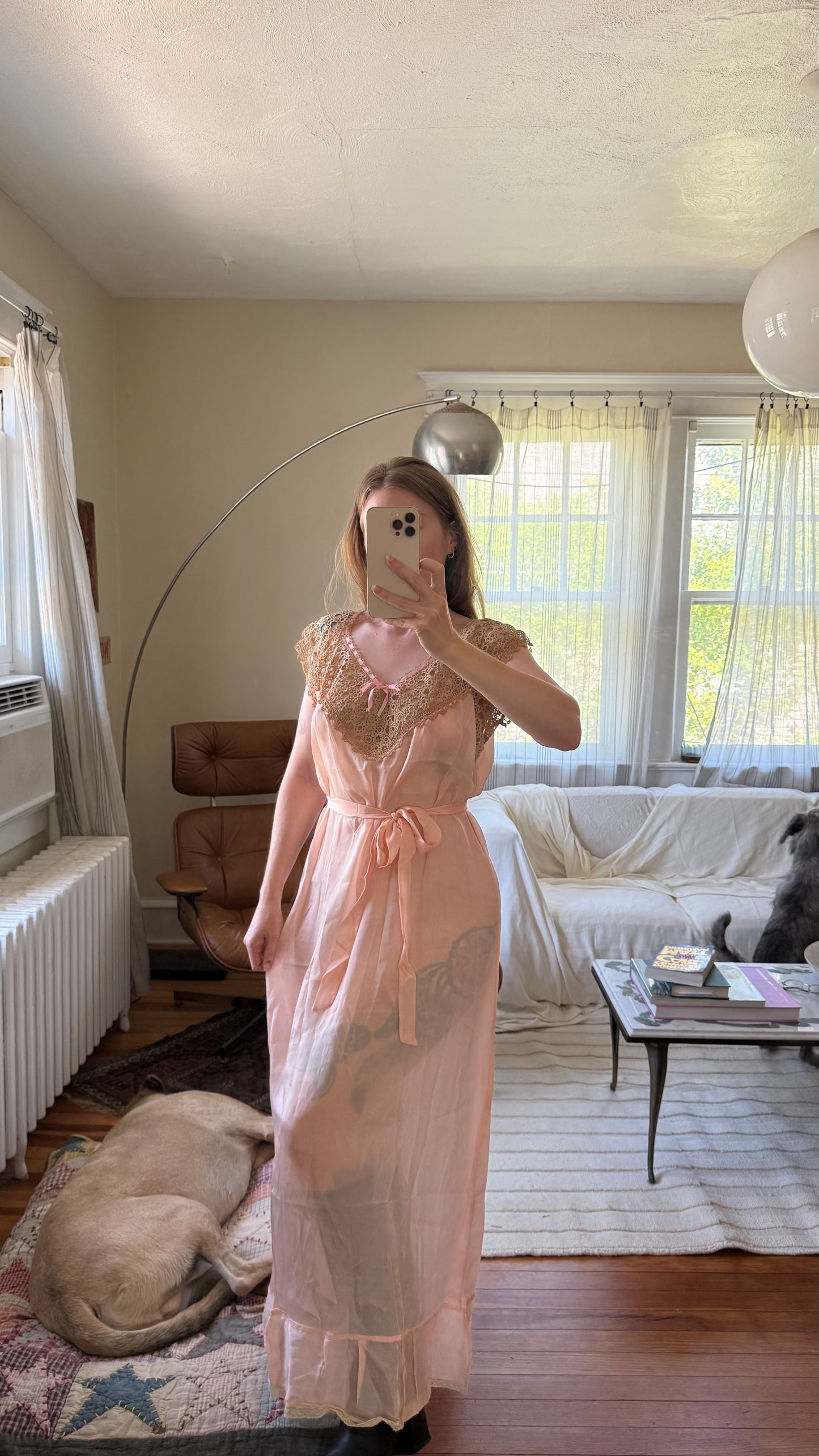 1920s or 1930s Victorian Era Pink Silk Maxi Dress with Belt Tie S to L