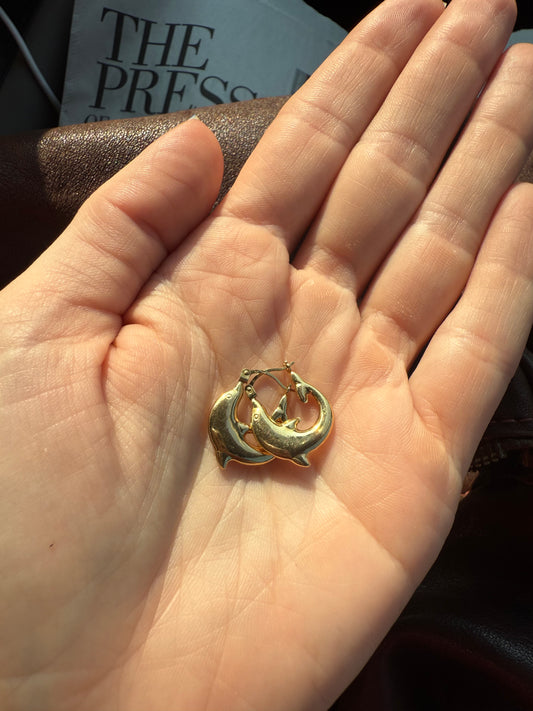 14K Gold Dolphin Huggy Hoops
