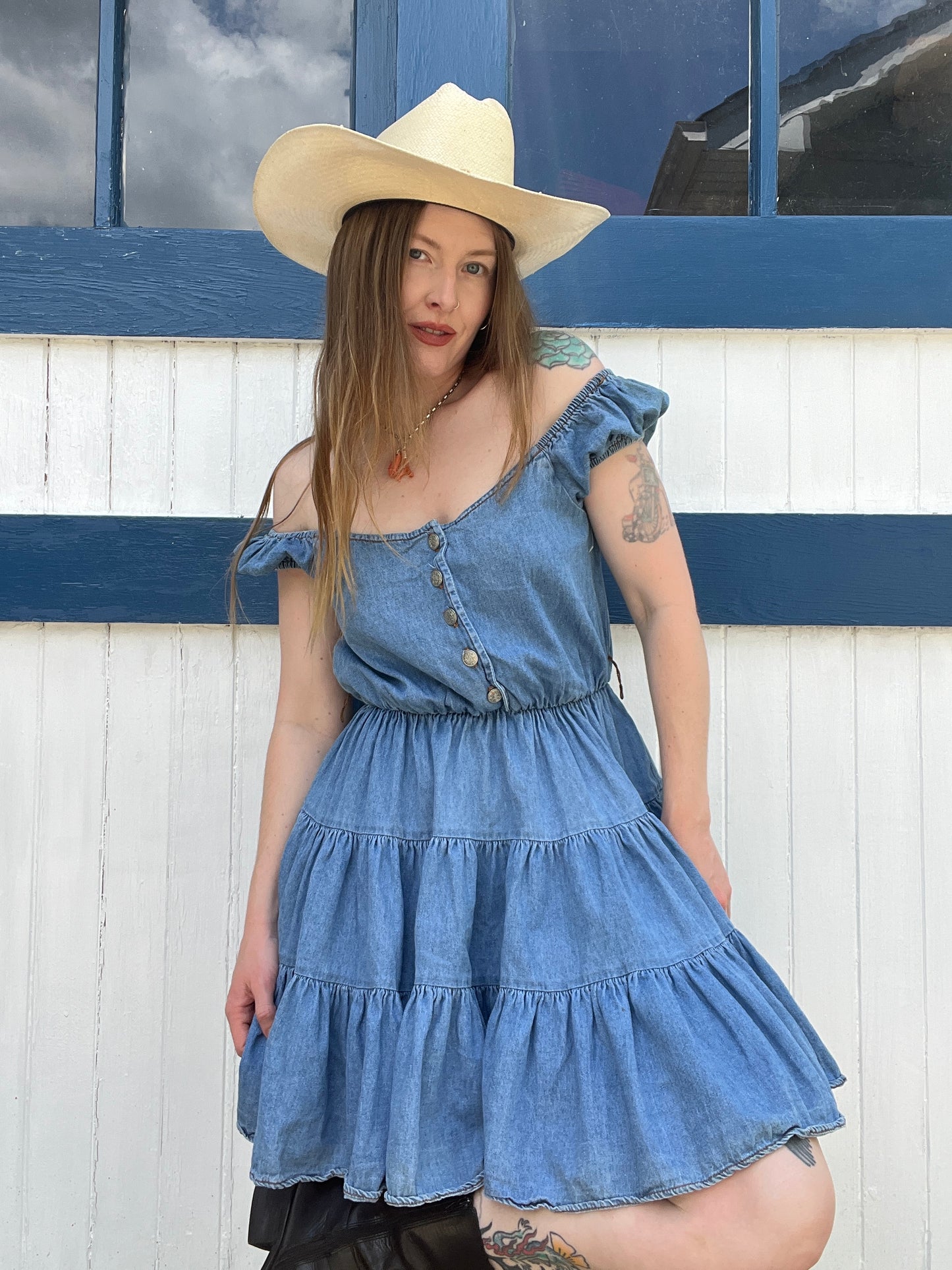 1980s Denim Off The Shoulder Ruffle Dress