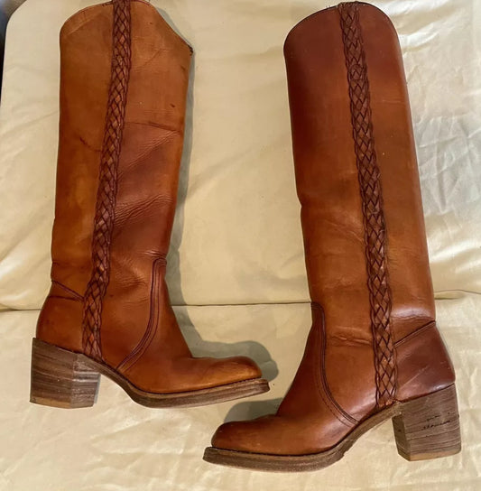 1970s Frye Braided Brown Camus Boot 7.5