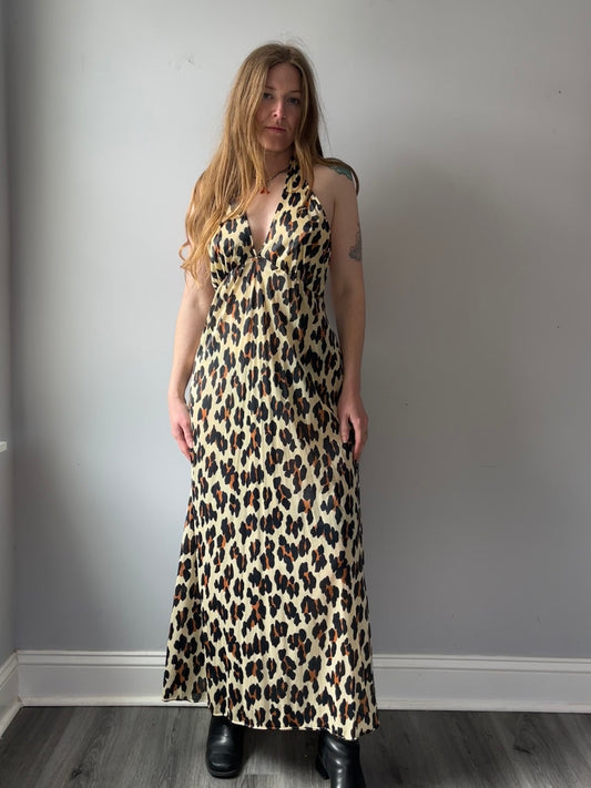 1970s Cheetah Print Low Back Maxi Dress