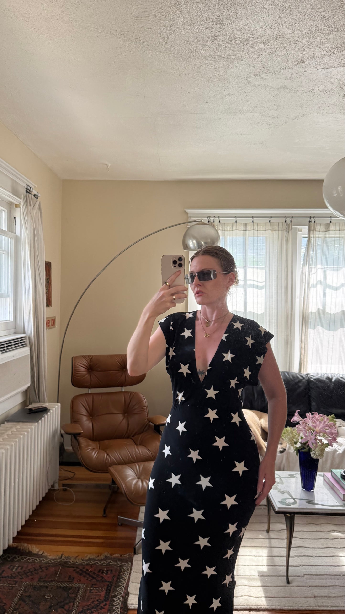 Norma Kamali V Neck All Over Star Print Gown M