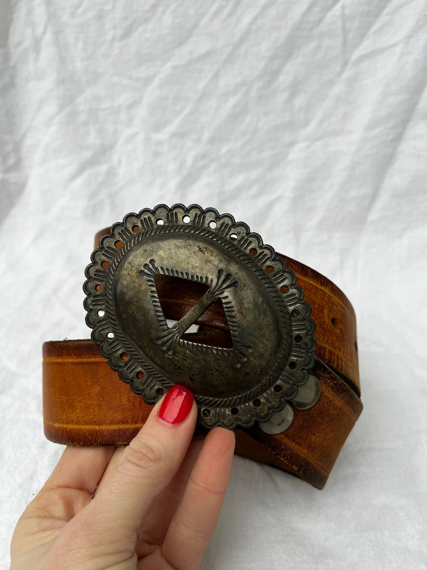 Brown Leather Belt with Double RRL Concho Buckle 29”-36”