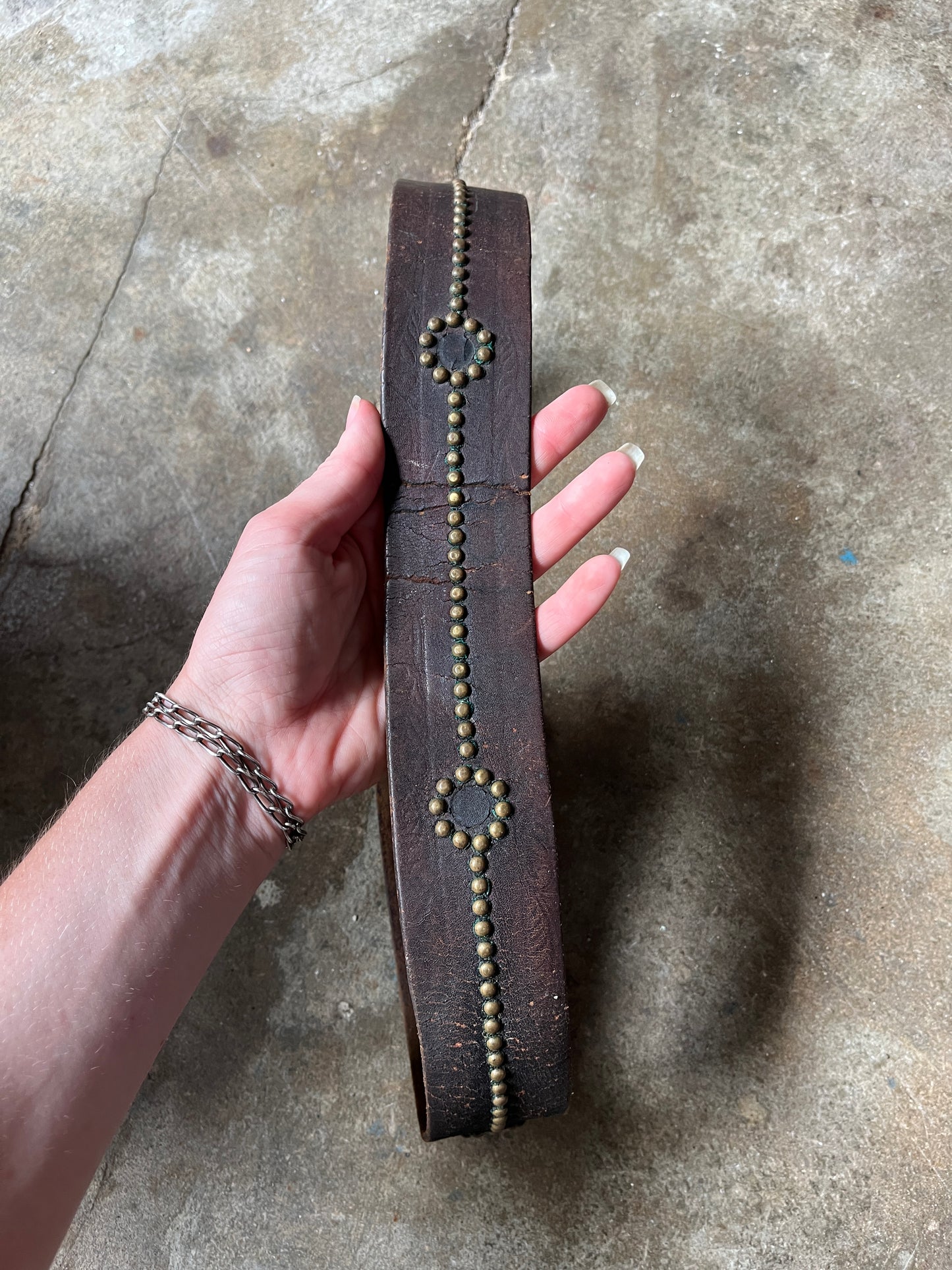 1930s 1940s Brown Leather Belt with Brass Round Studs