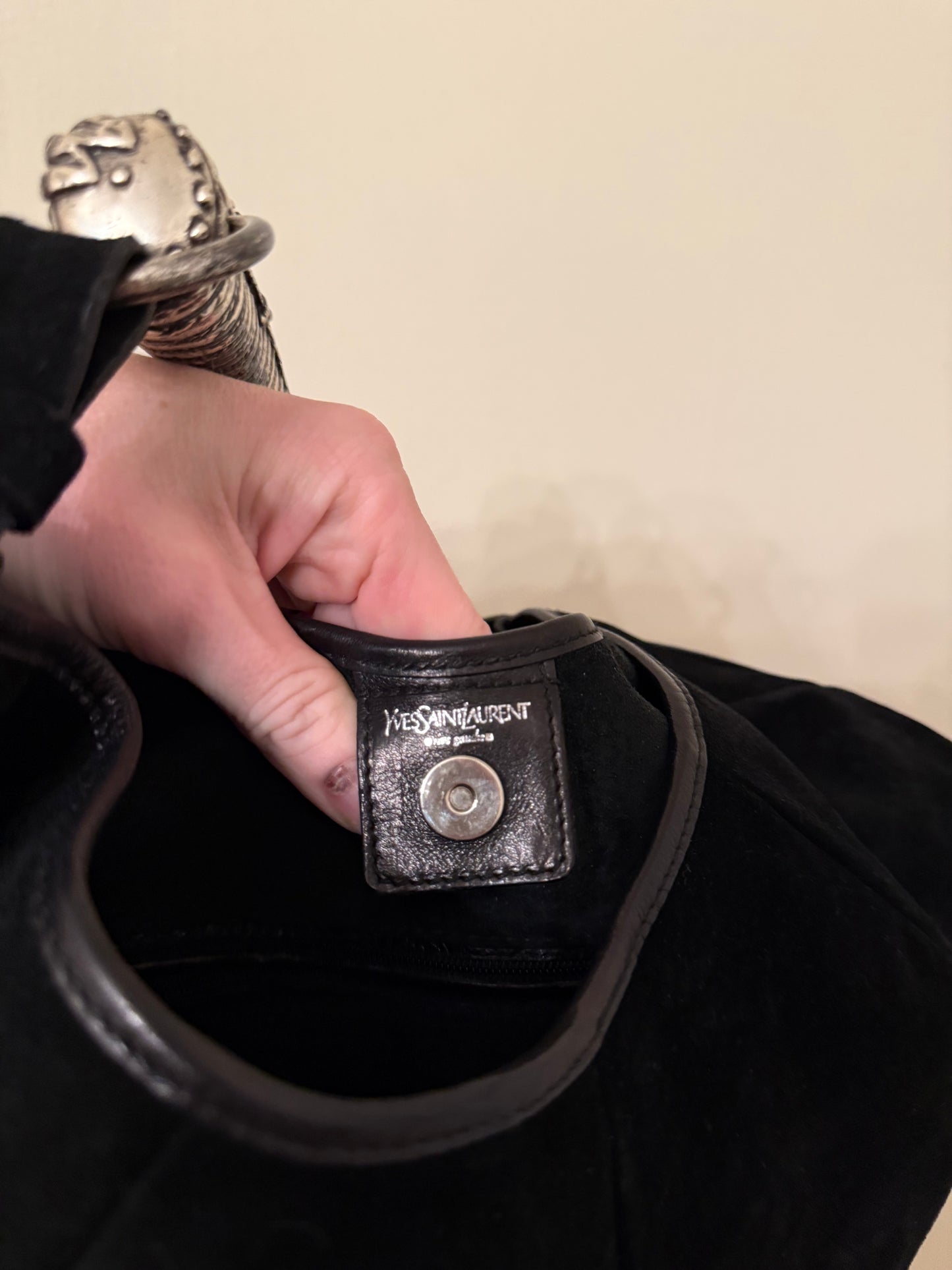 Vintage YSL Mombasa Black Suede Purse with Metal Horn