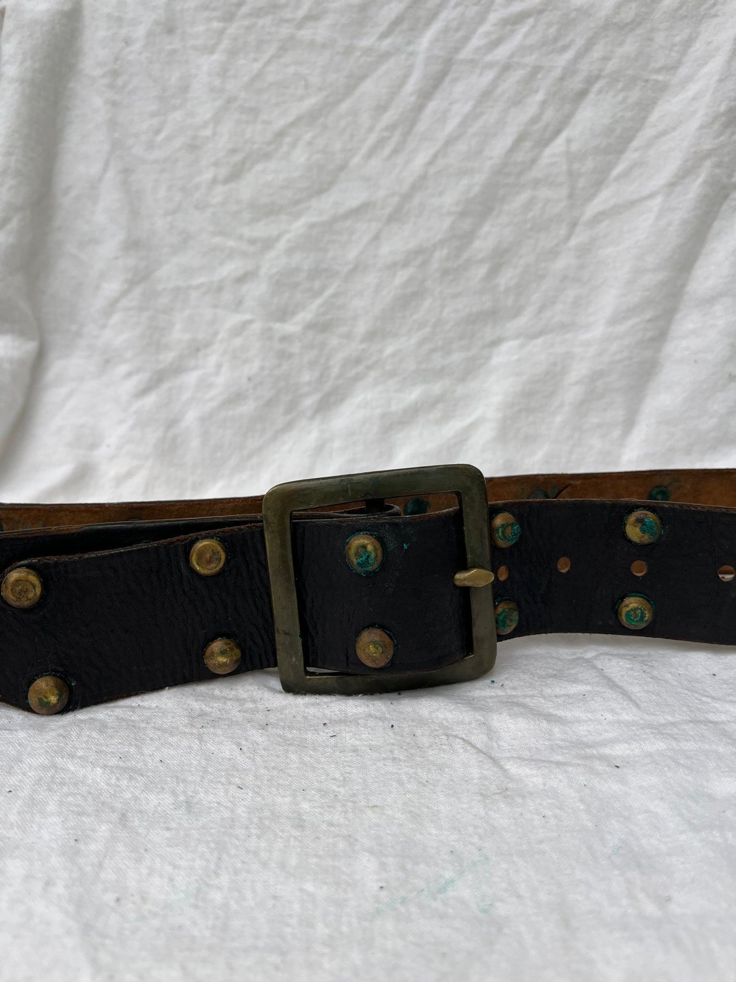 Black Leather Brass Studded Belt 32”-36”