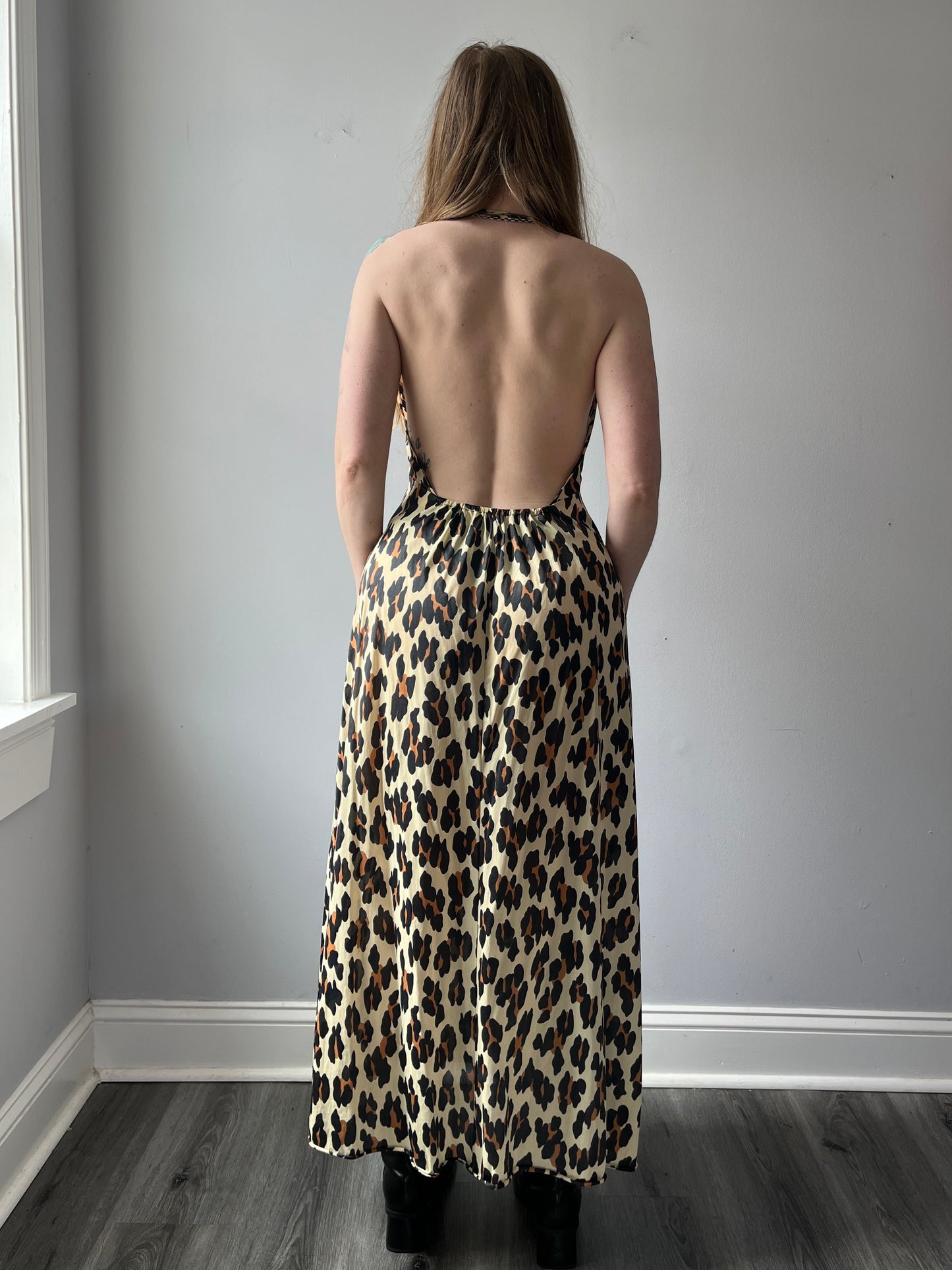 1970s Cheetah Print Low Back Maxi Dress